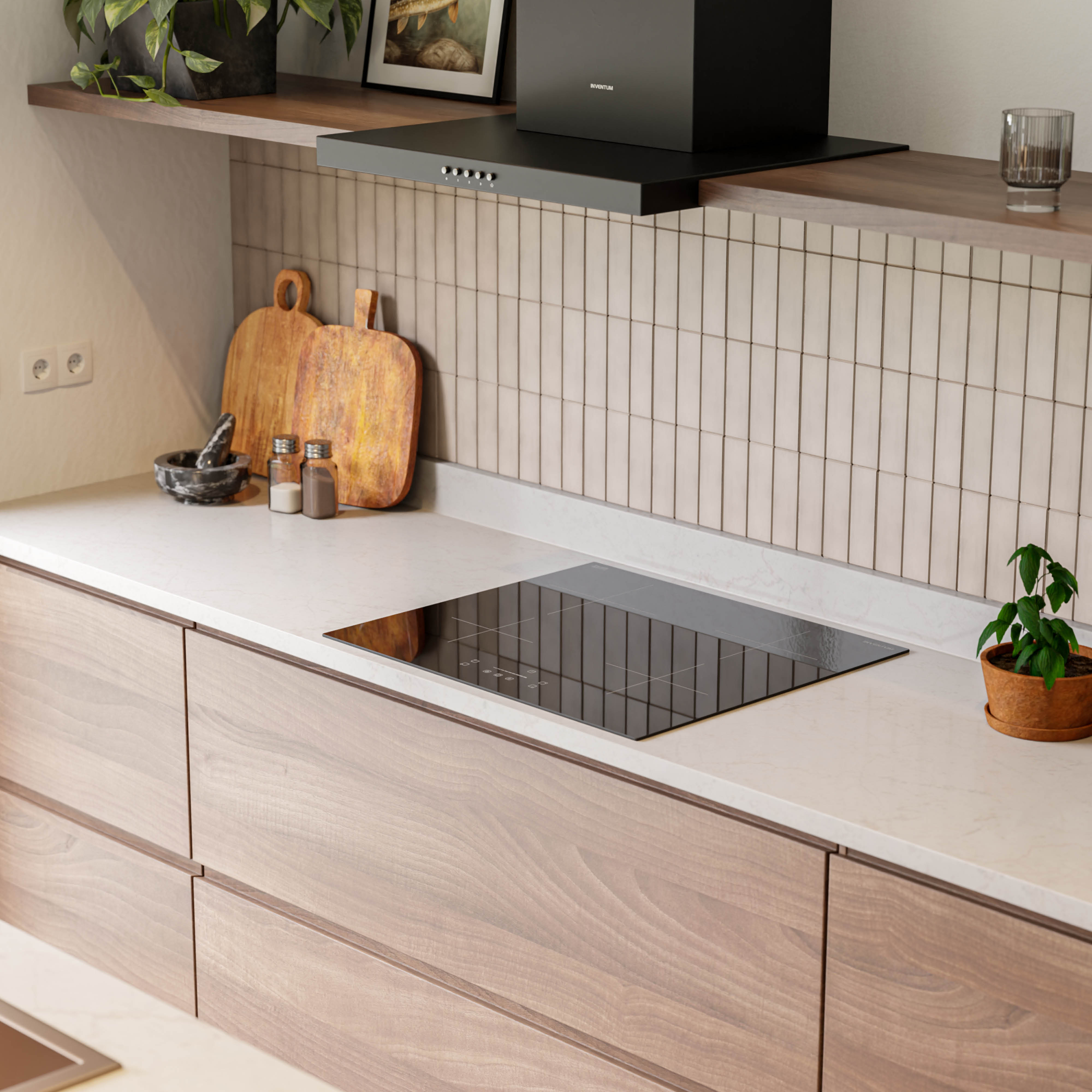 Modern kitchen with wooden cabinets, white countertop, black cooktop, and a small potted plant. Includes wooden shelves and a range hood.