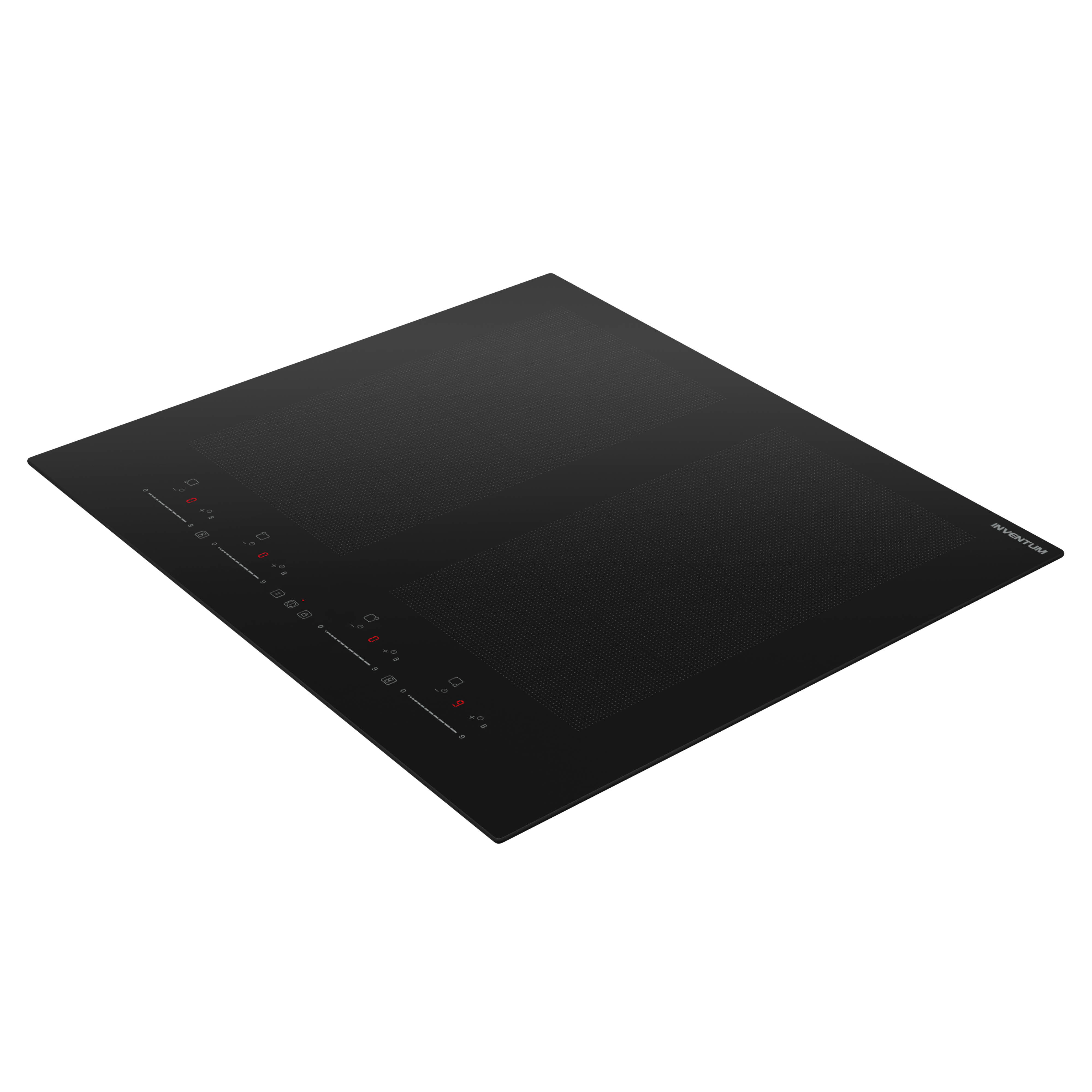 A black induction cooktop with touch controls. The cooktop is angled and isolated on a white background. Brand name is visible.