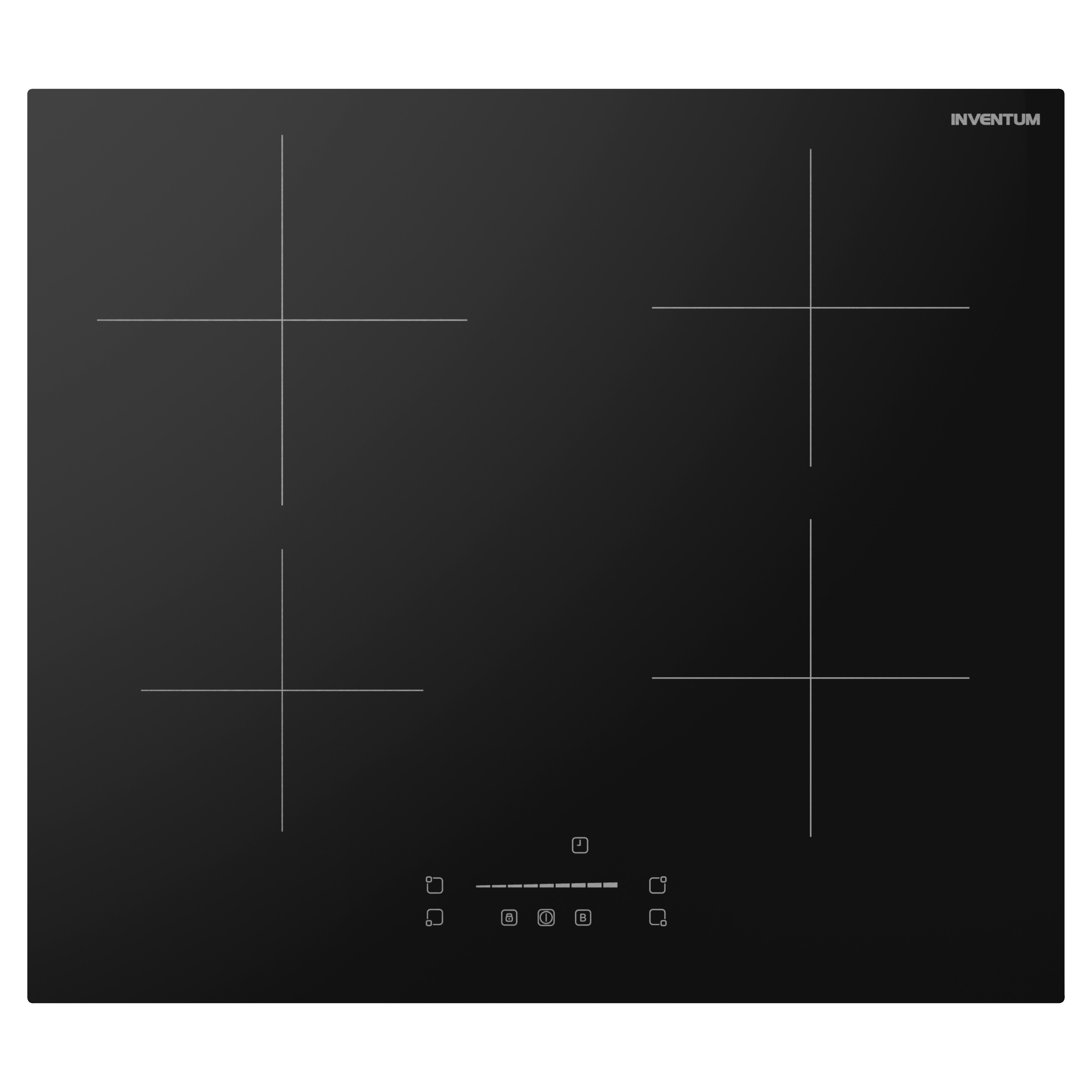 Black induction cooktop with four cooking zones marked by white crosshairs. Control panel at the bottom.
