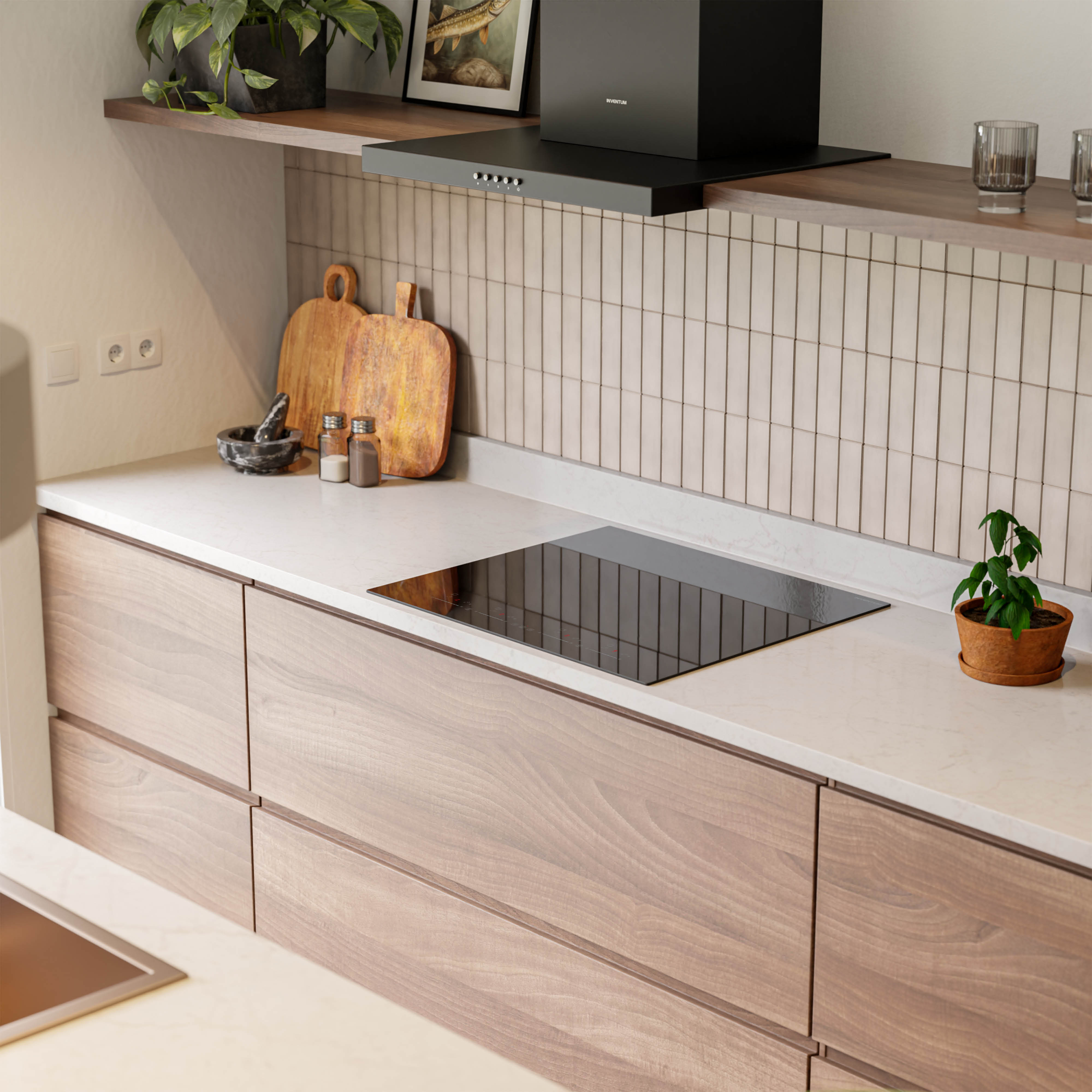 Kitchen scene with wooden cabinets, white countertop, and black stovetop. Includes a plant, wooden cutting boards, and a range hood.
