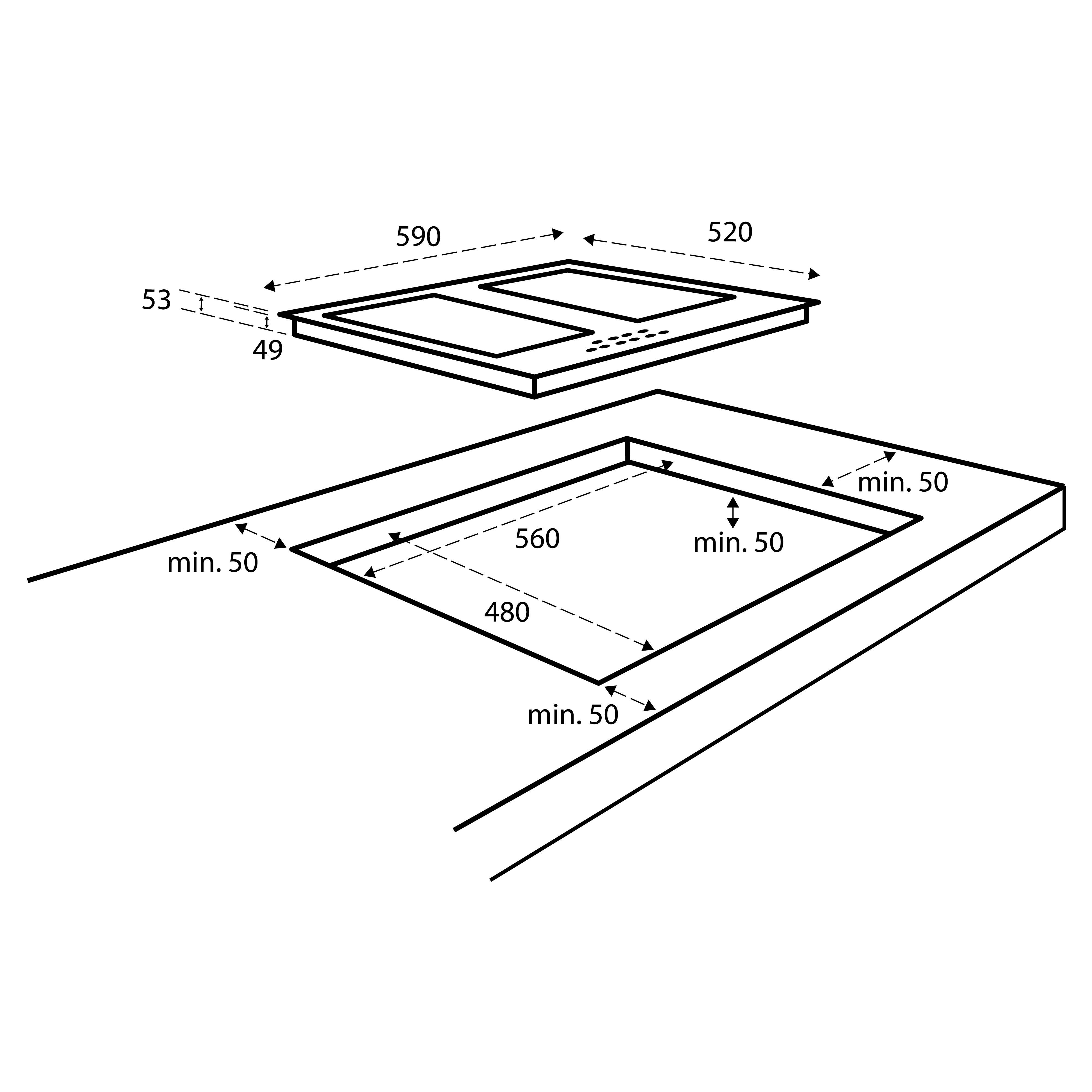 A schematic diagram of a cooktop and its cutout, with dimensions labeled in millimeters.