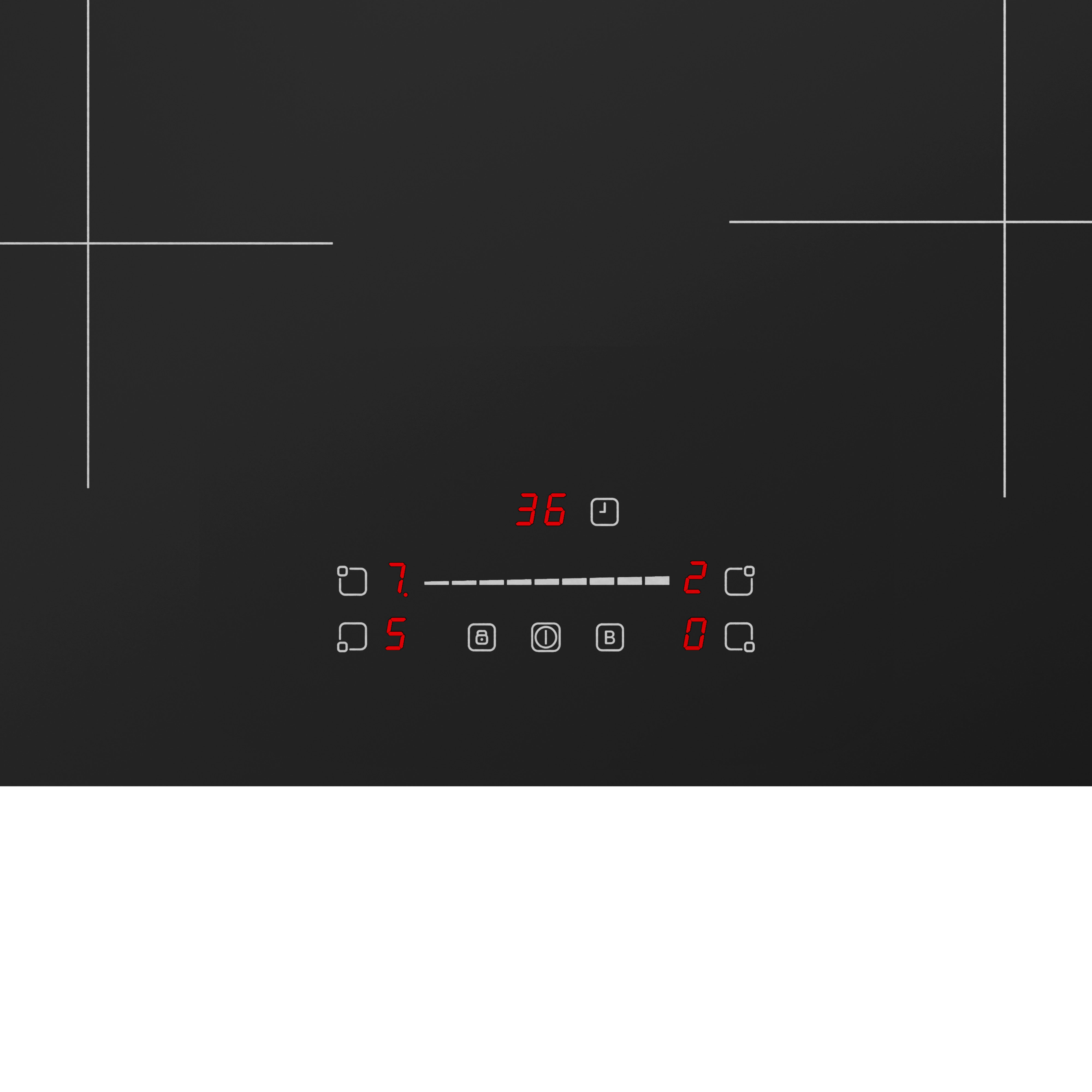 Black induction hob with white cross markings. Displays red numbers: 36, 7, 2, 5, and 0. Features touch controls.