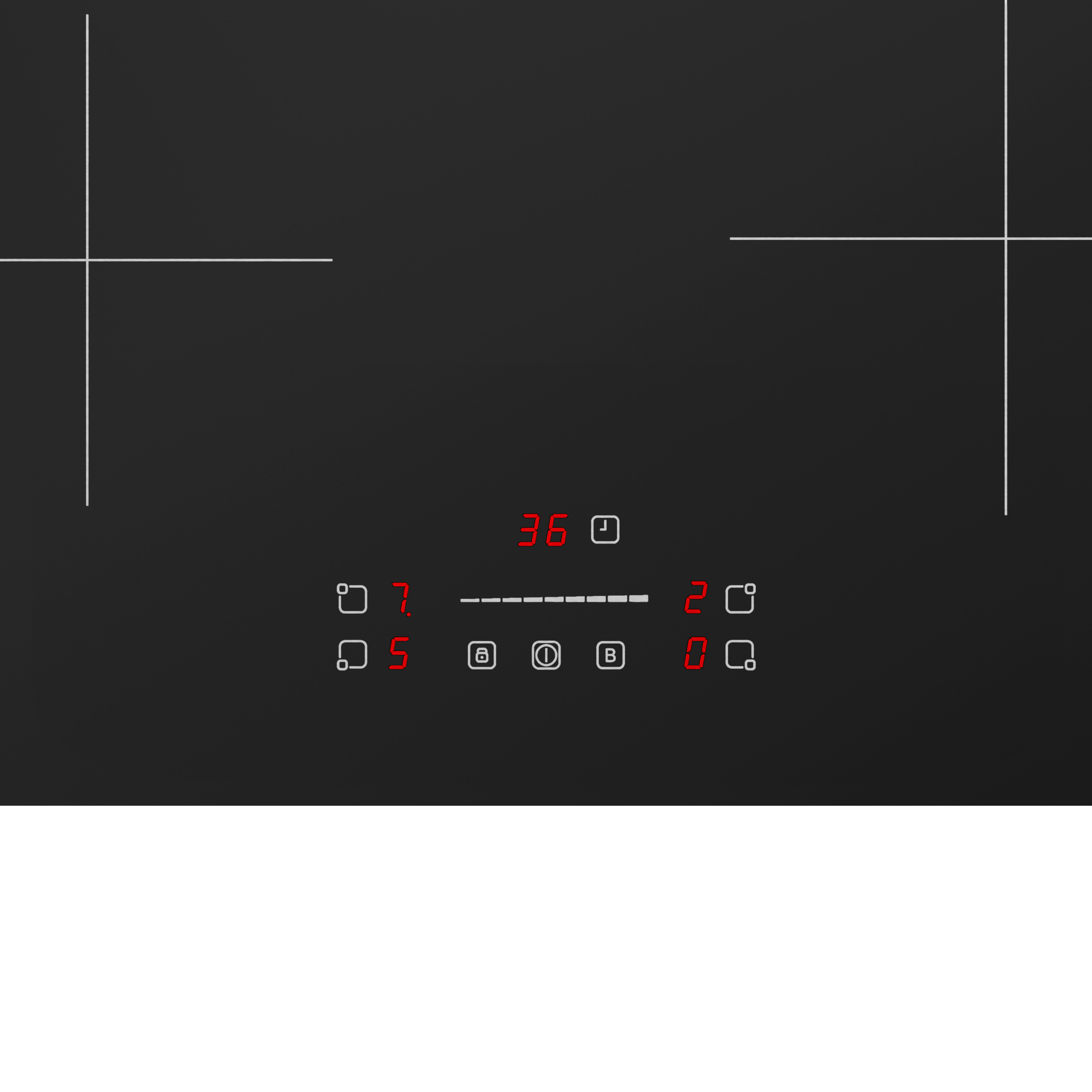 Zwart inductiekookplaat met rode digitale display. Toont timer, vermogensinstellingen en kookzones.
