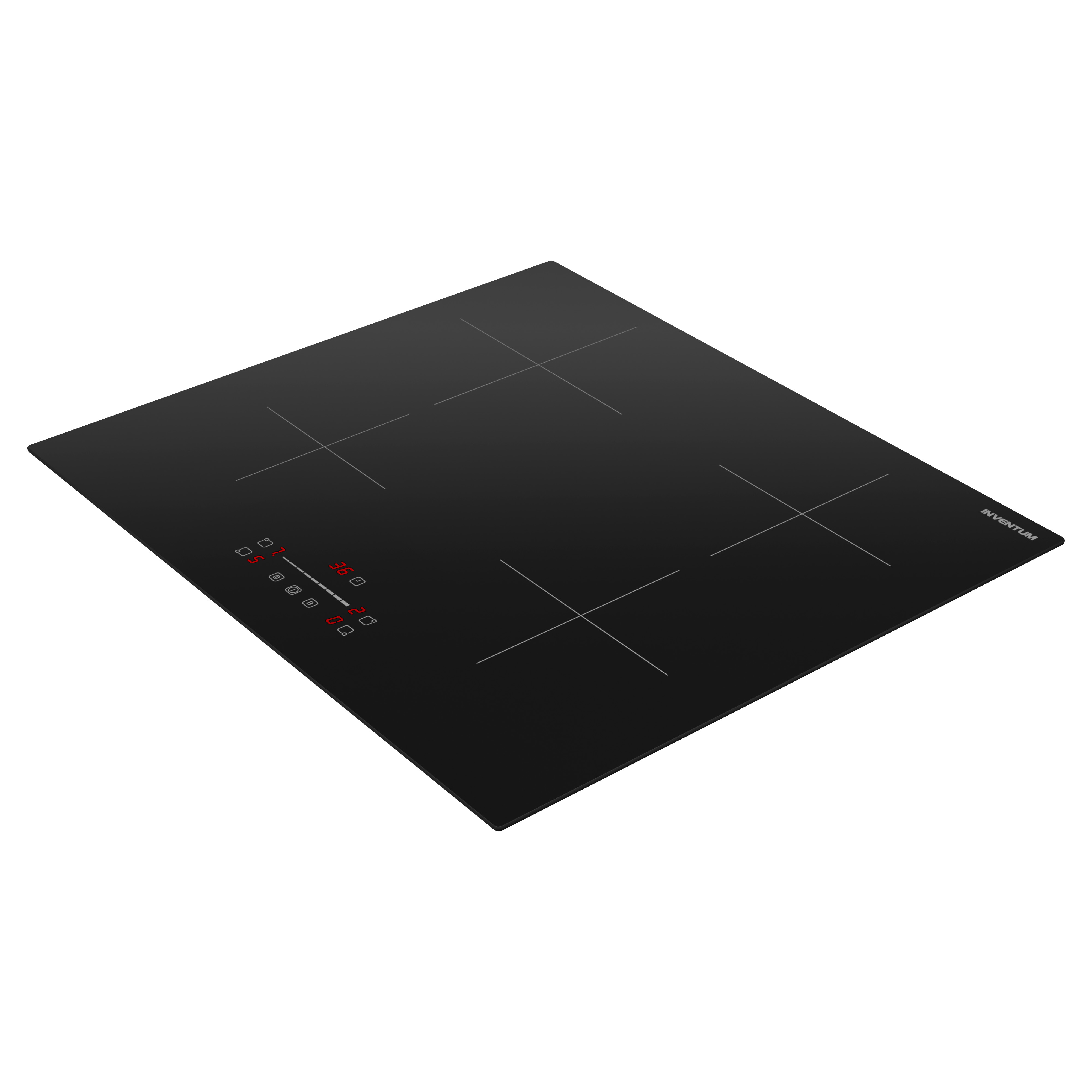 A black induction hob with four burners. It has a digital display with red numbers and the brand name 'INVENTUM'.