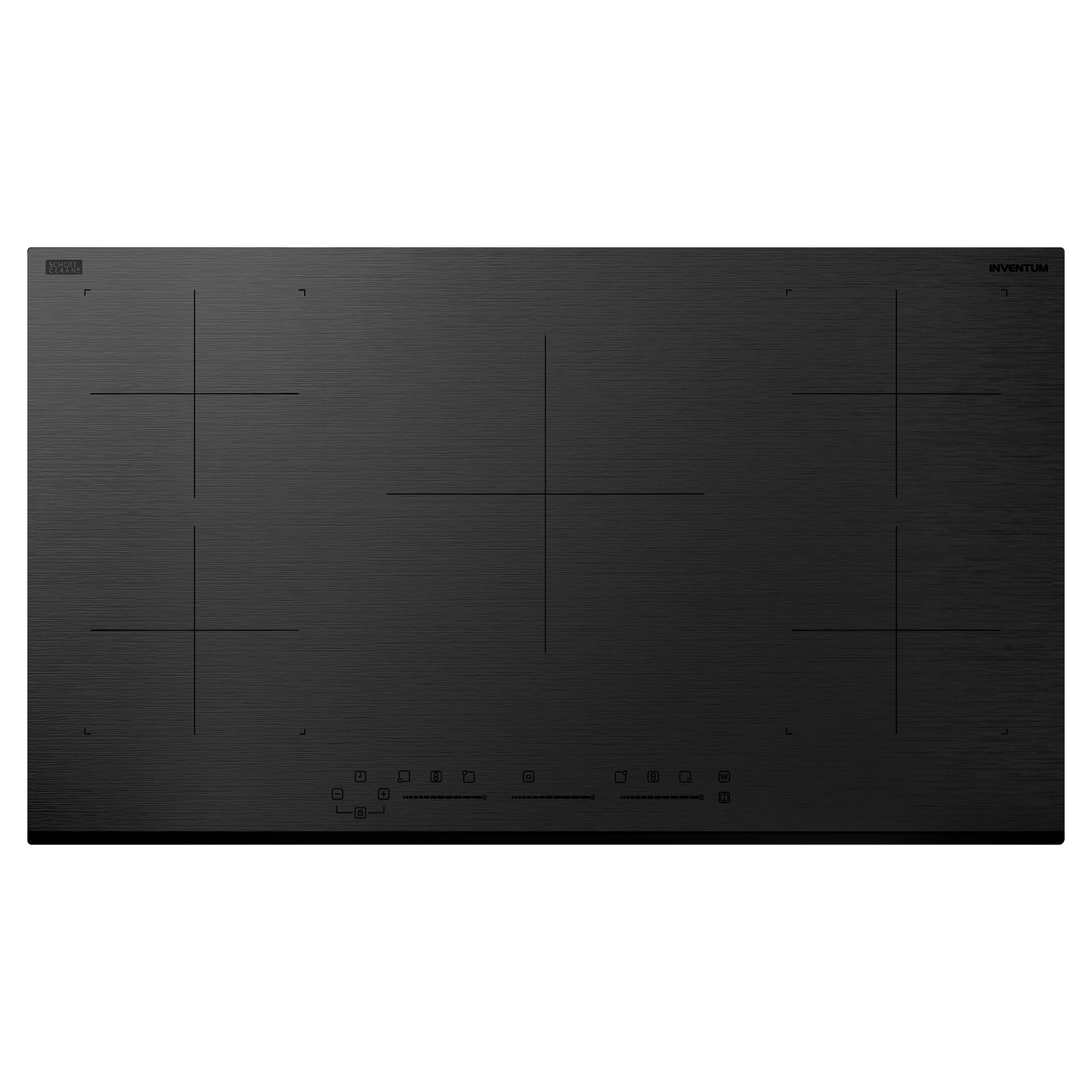 A black induction cooktop with five burners. Touch controls are at the bottom, and a brand logo appears on the top right.
