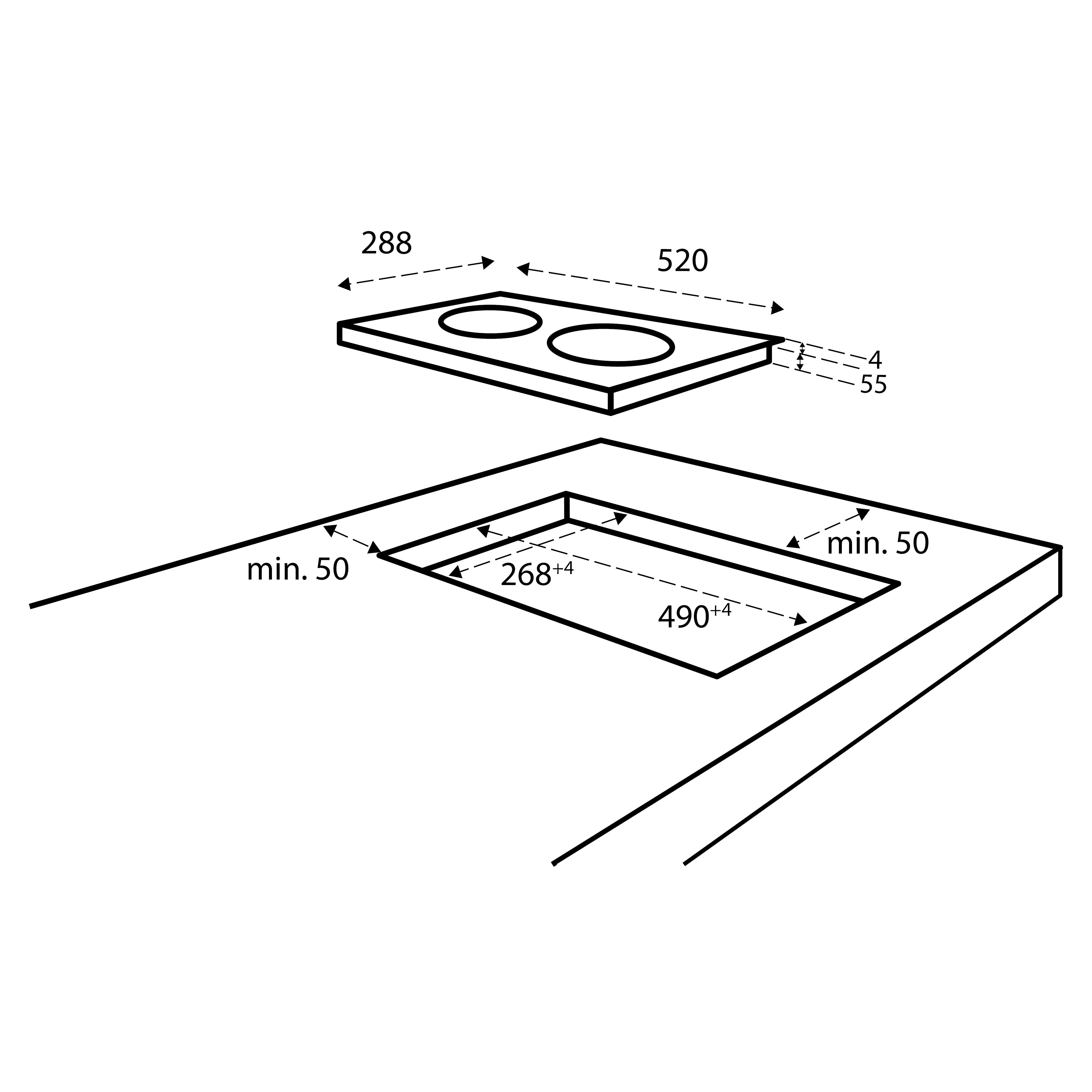 Diagram van een kookplaat met afmetingen. Toont twee branders en een uitsparing voor installatie, met afmetingen in millimeters.