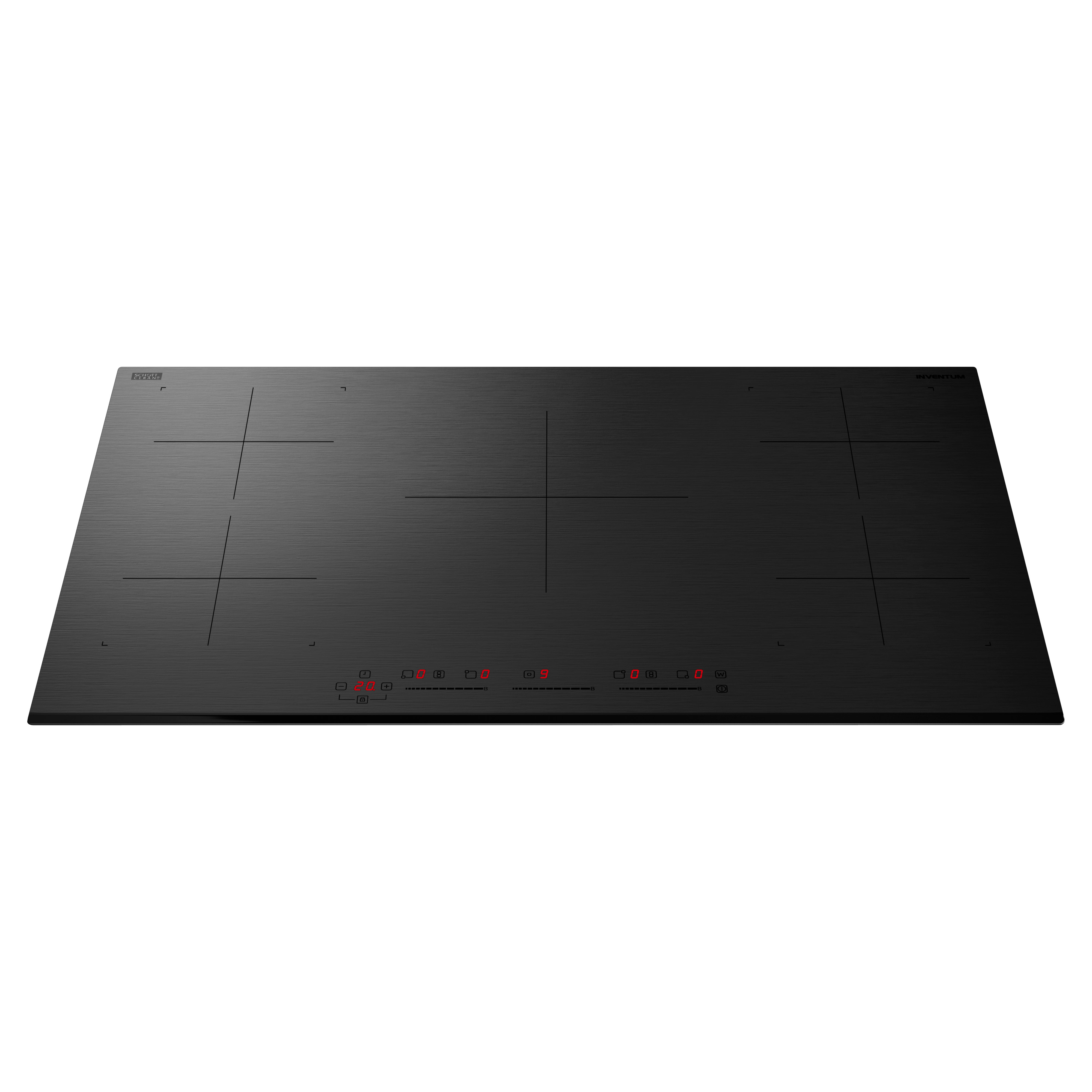 A black induction cooktop with four burners. It has touch controls and red digital displays. The background is white.