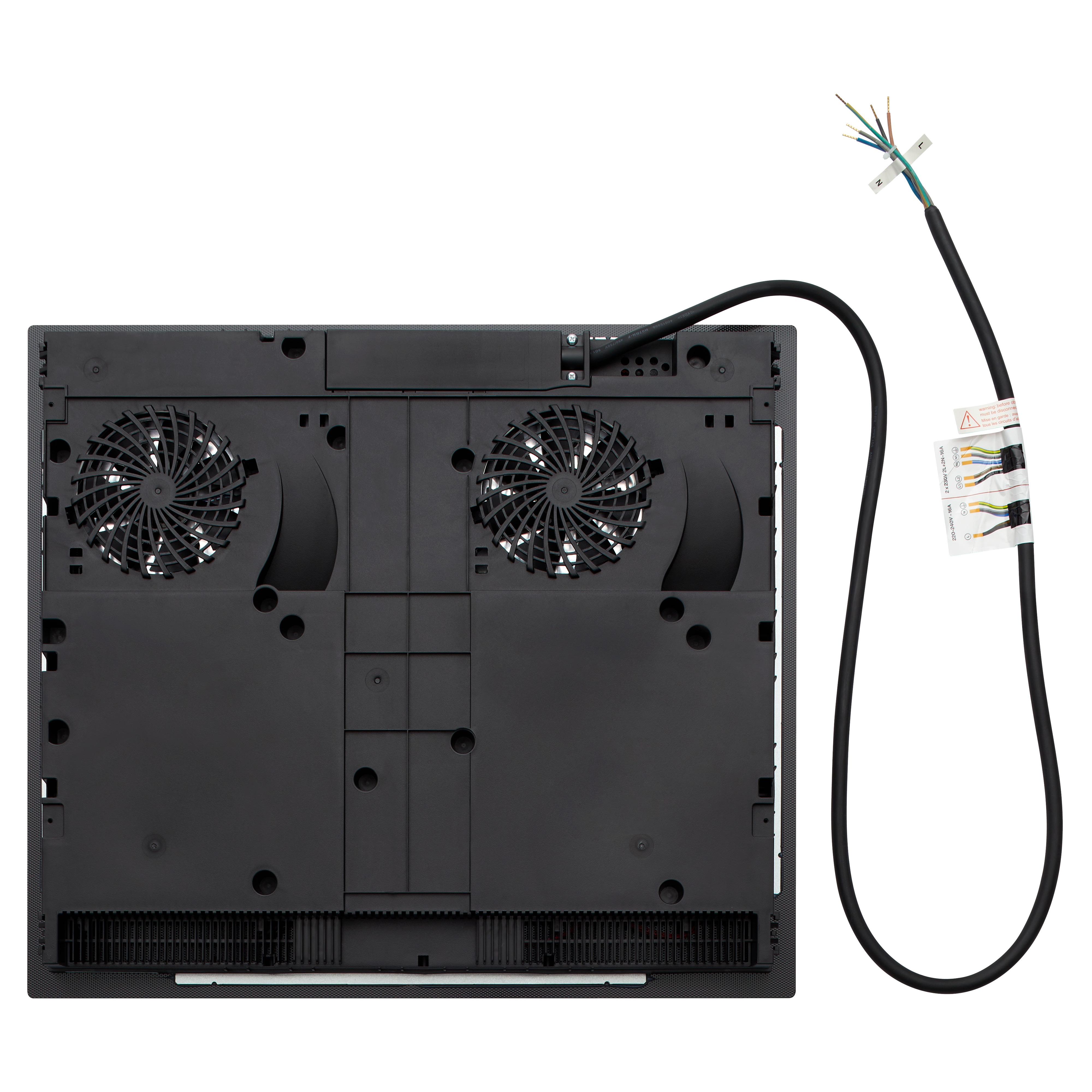 Underside of black appliance with fans and a power cable. The cable has wires and a warning label.
