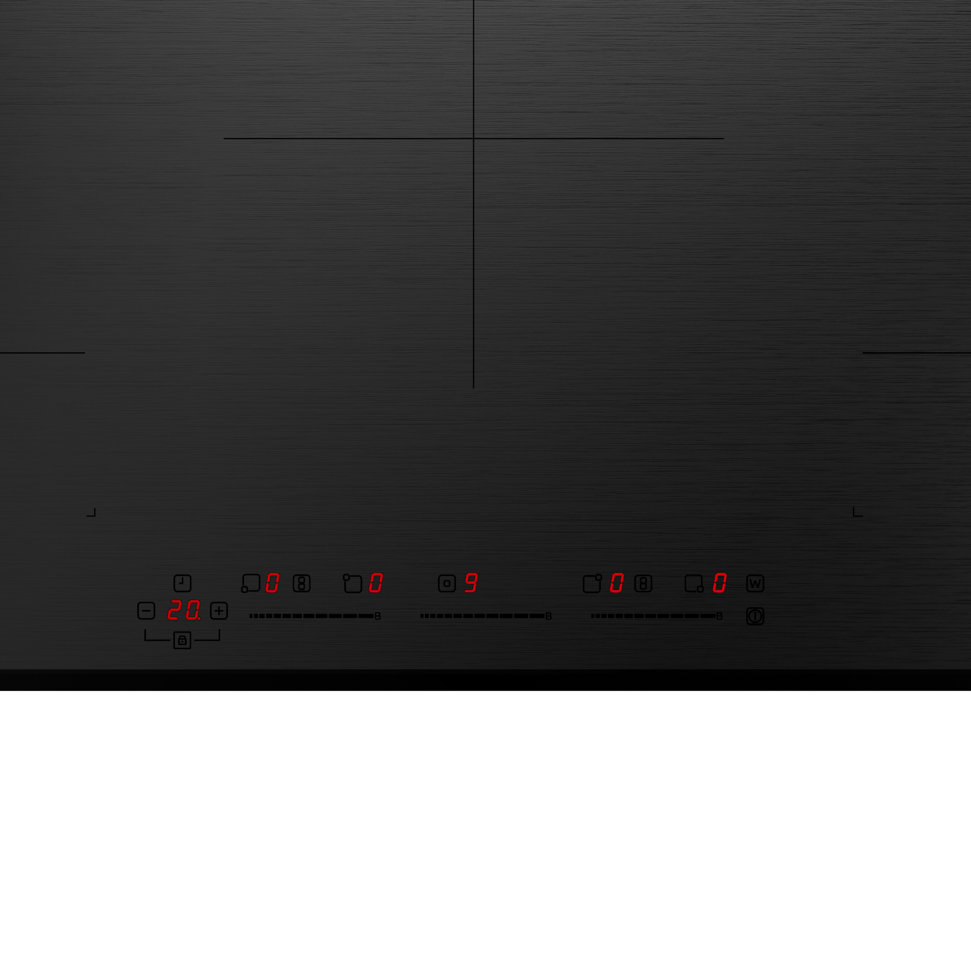 A black induction cooktop with red digital displays showing numbers and symbols. It has touch controls.