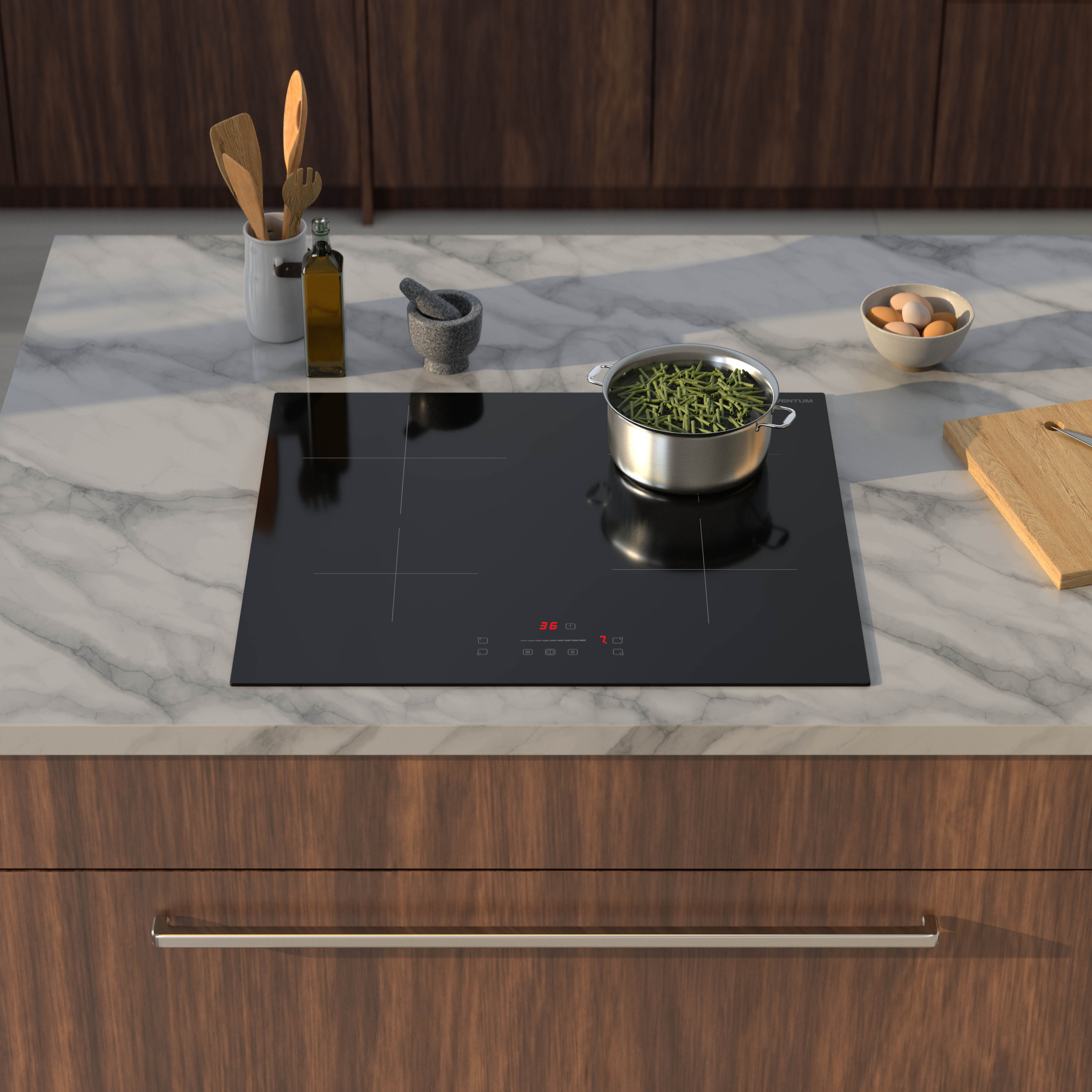 A kitchen scene shows a black stovetop with a pot of beans, utensils, and eggs on a marble countertop.