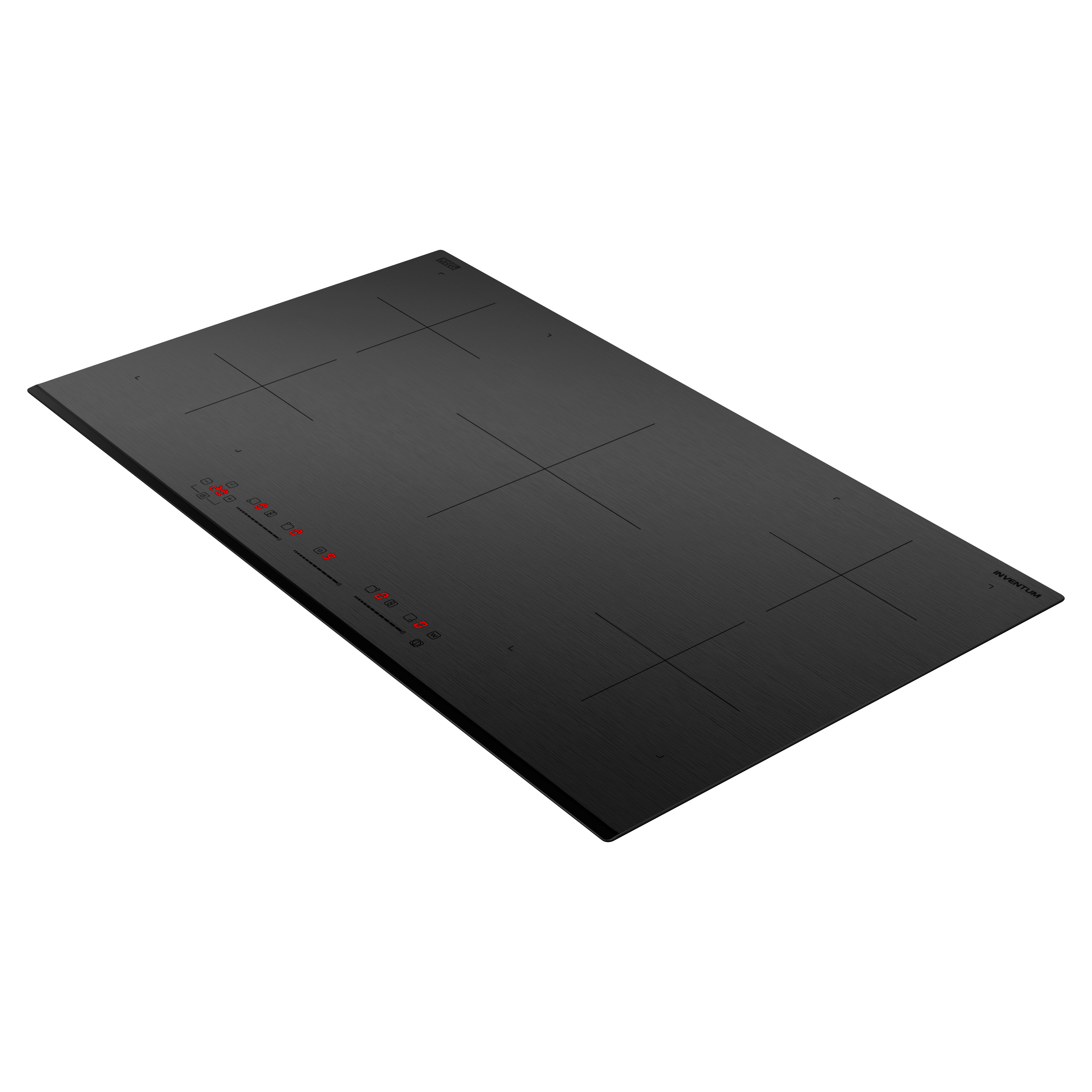 Black induction cooktop with five burners. It has a control panel with red displays. The brand name is on the top right.