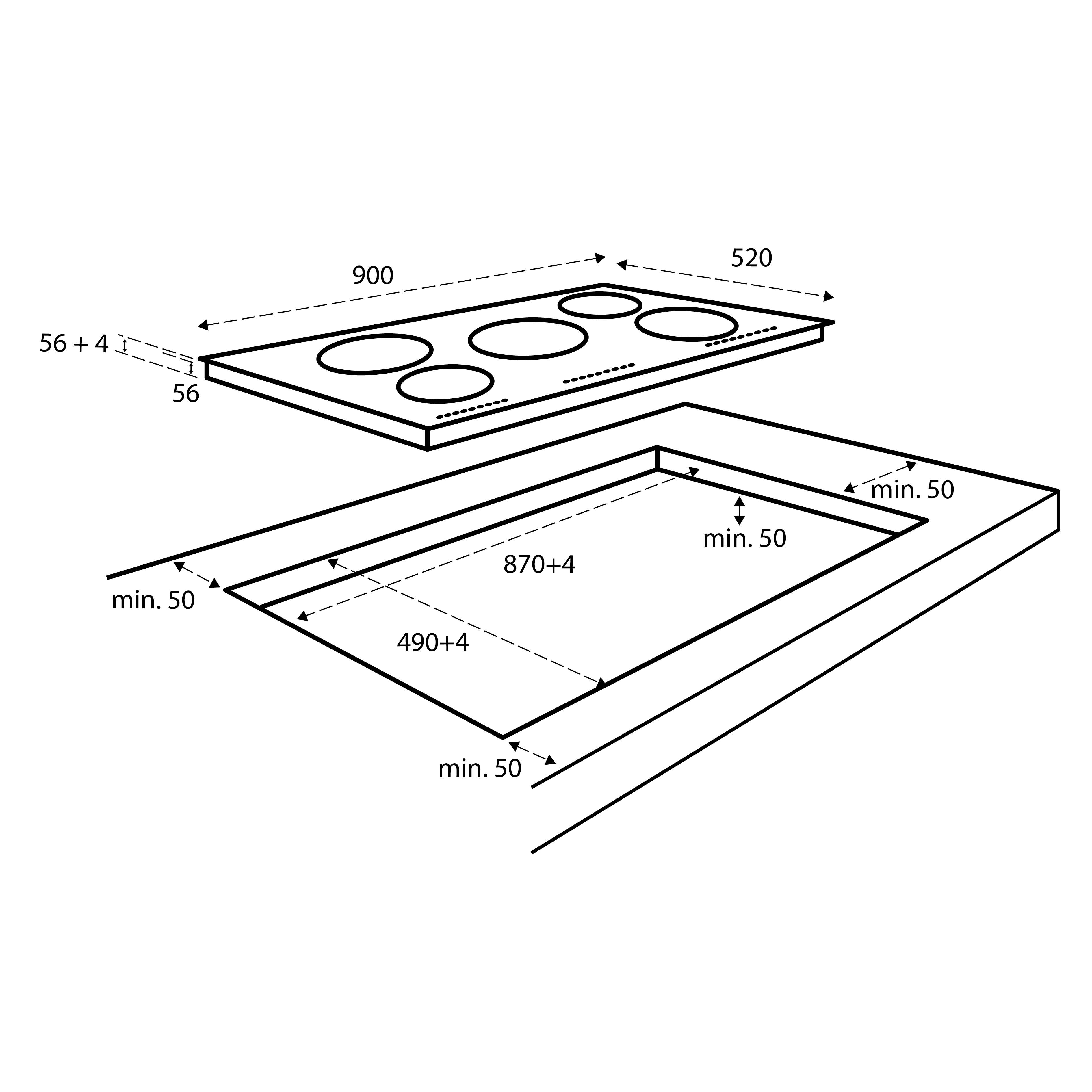 Diagram of a stovetop with dimensions and a cutout for installation. It shows measurements in mm, including the stovetop and counter.