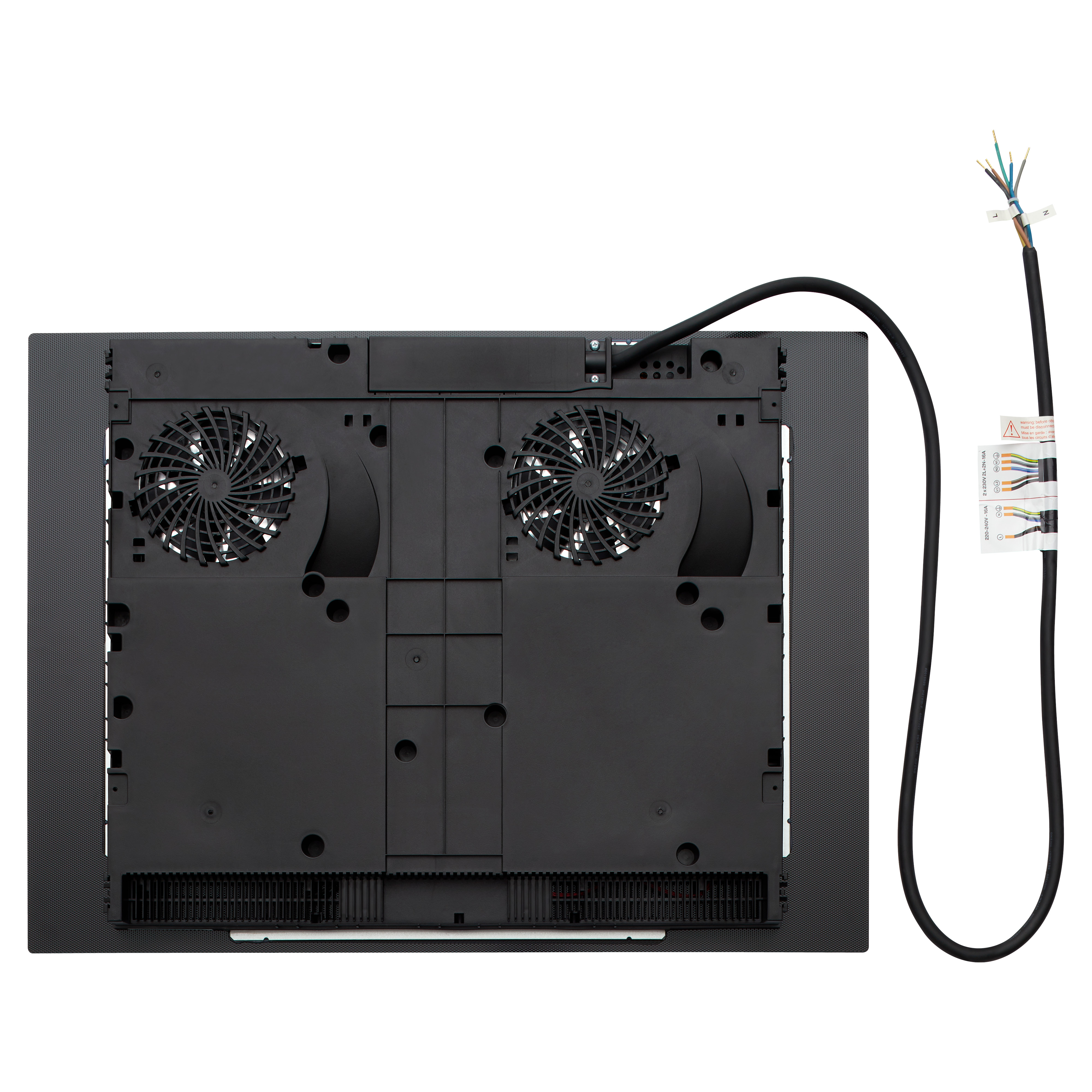 De onderkant van een zwarte inductiekookplaat met twee ventilatoren, een voedingskabel en een label met bedradingsschema's.