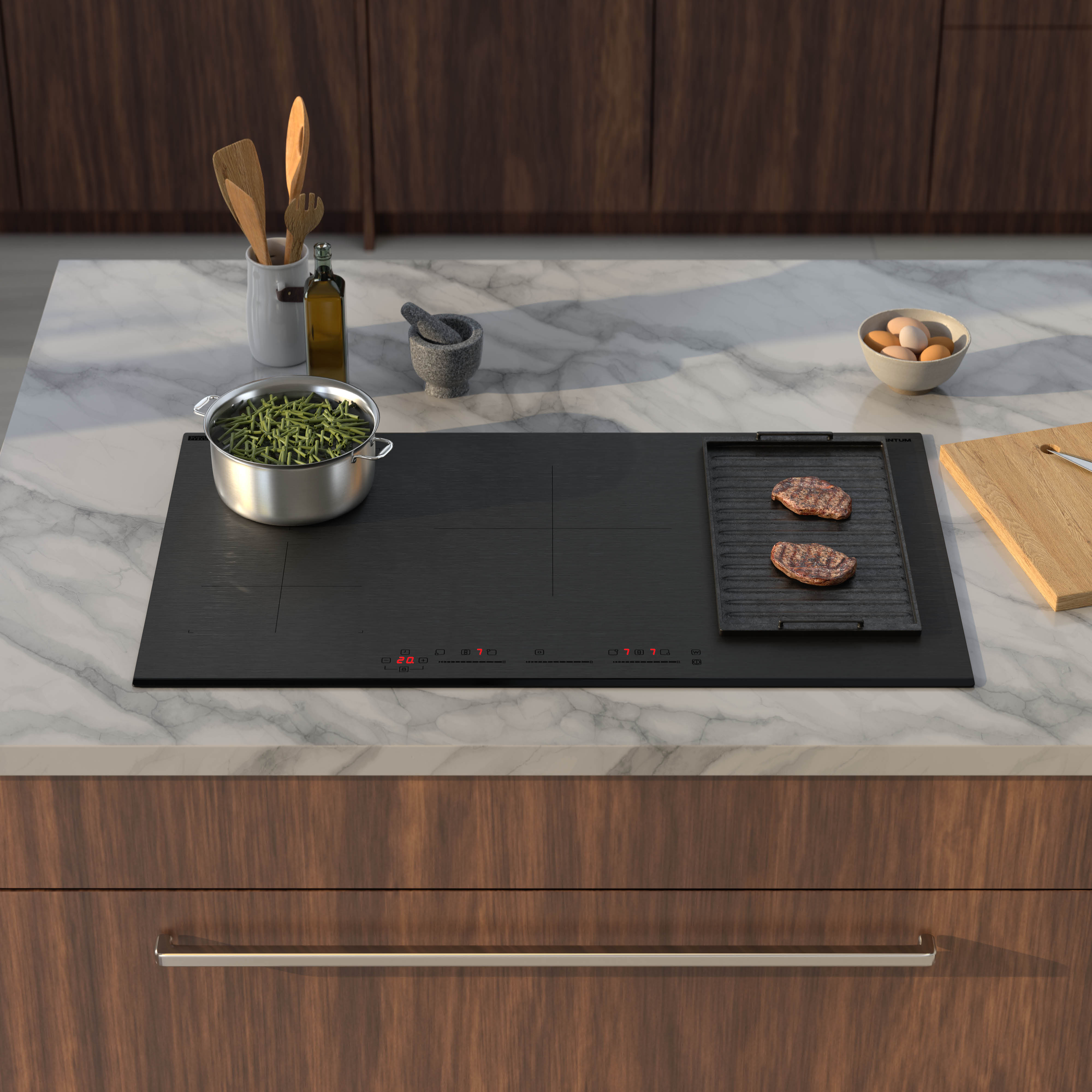 A kitchen scene features a black cooktop with food. Green beans in a pot and grilled steaks are on the cooktop.