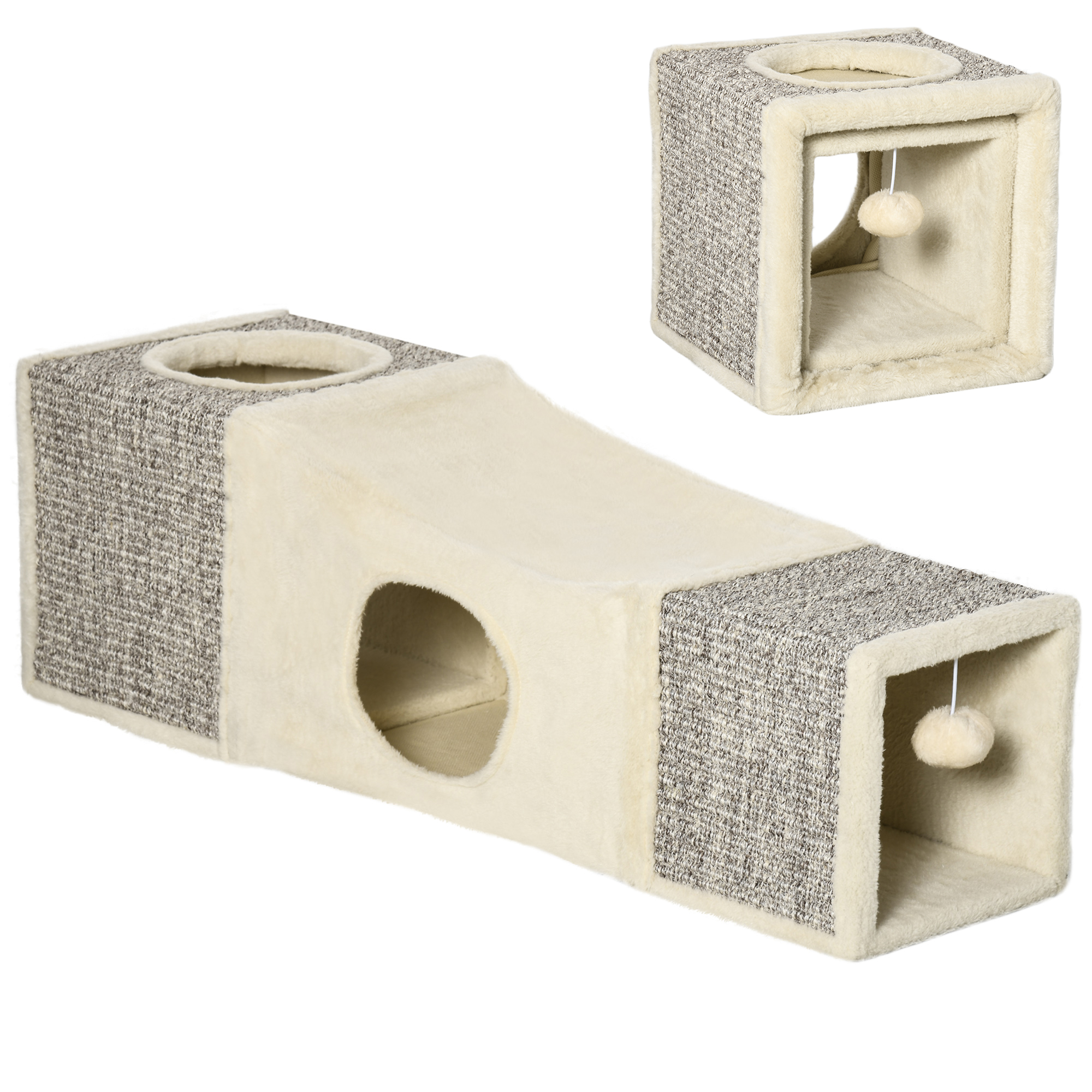 Mobili per gatti con tunnel e cubo, beige e grigio, con pompon sospesi. Include due aperture e un buco.