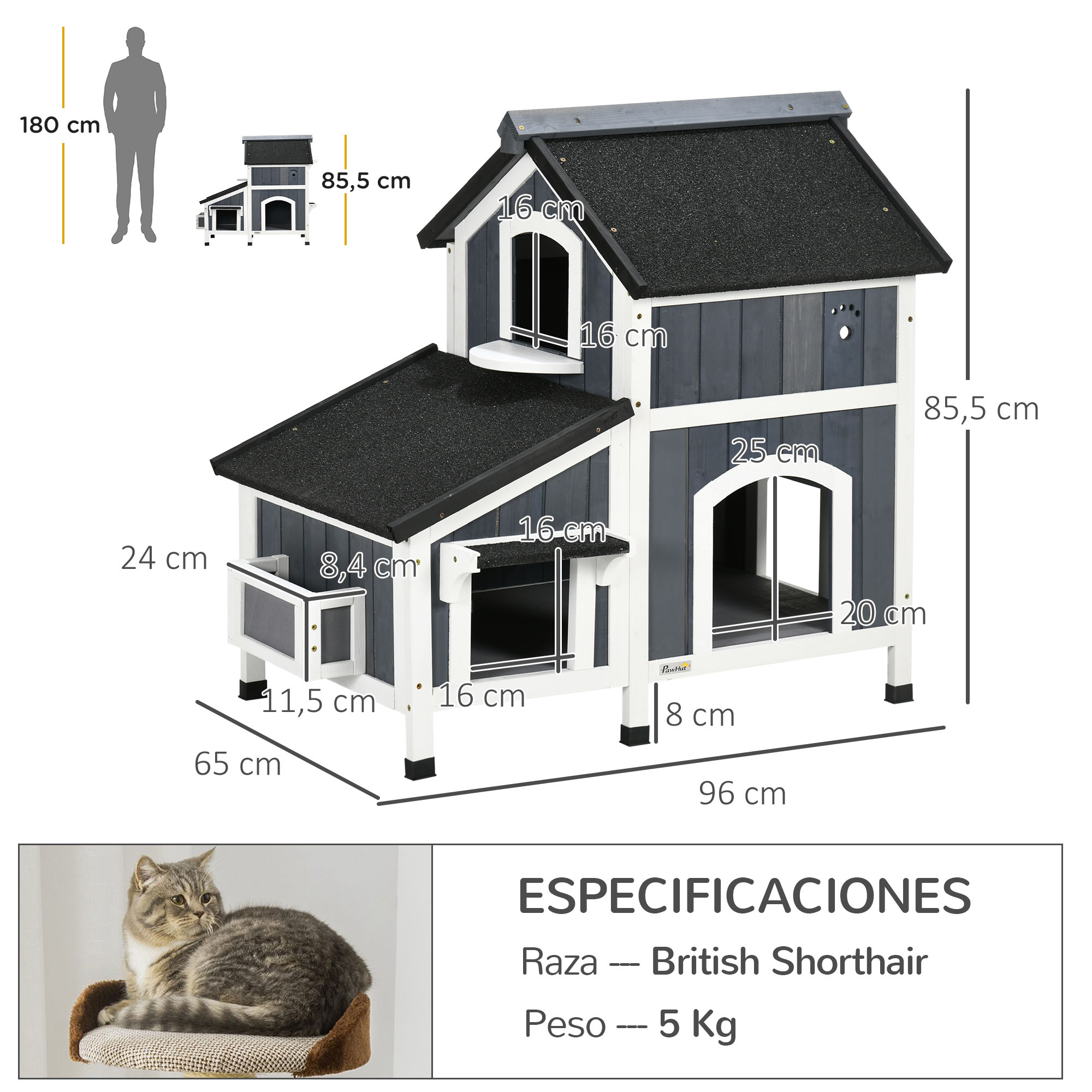 Casa para gatos con medidas. Un gato gris descansa en una cama para gatos. Especificaciones: British Shorthair, peso 5 Kg.