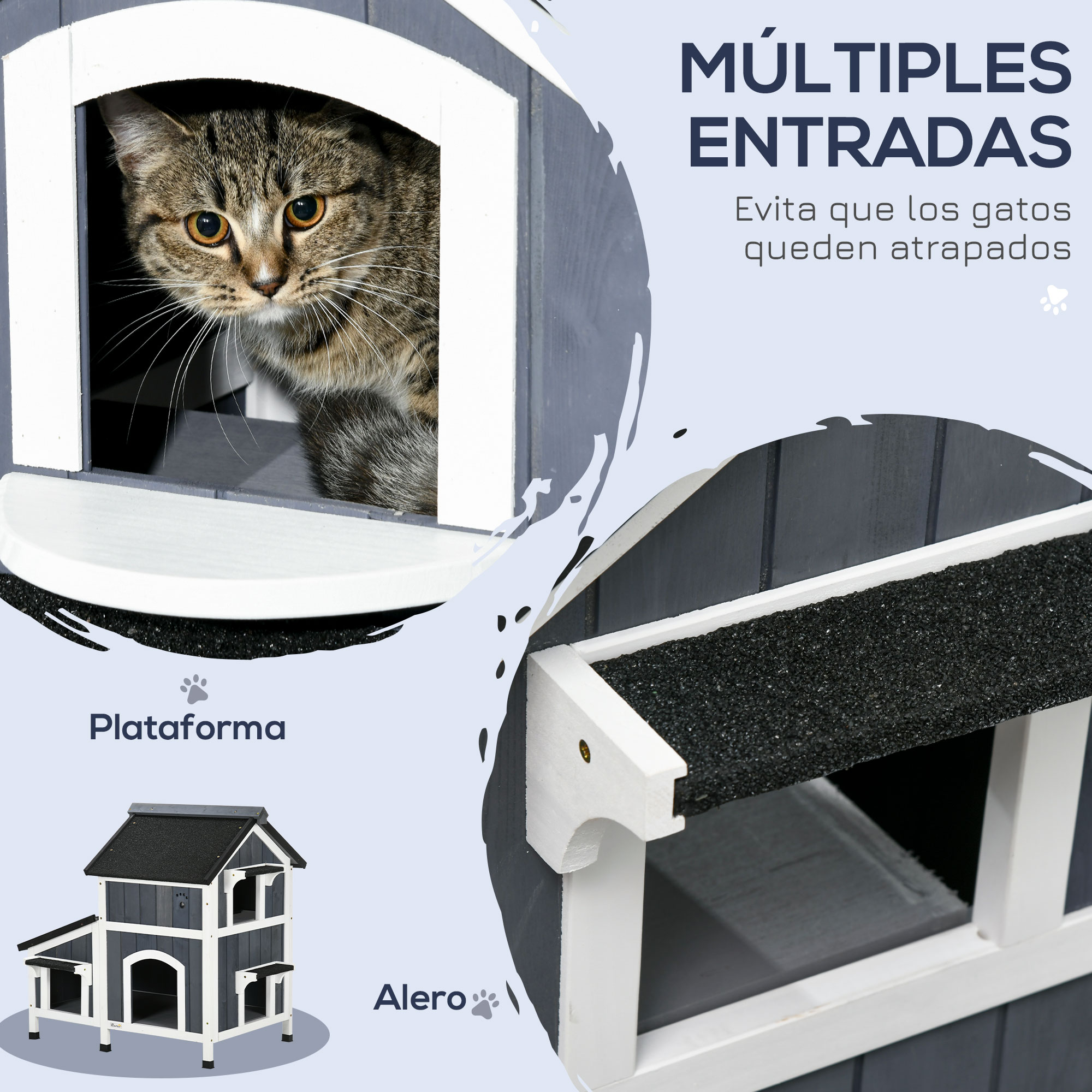 Un gato mira desde una casita para gatos. La casa es gris y blanca con múltiples entradas. Texto en español describe las características.