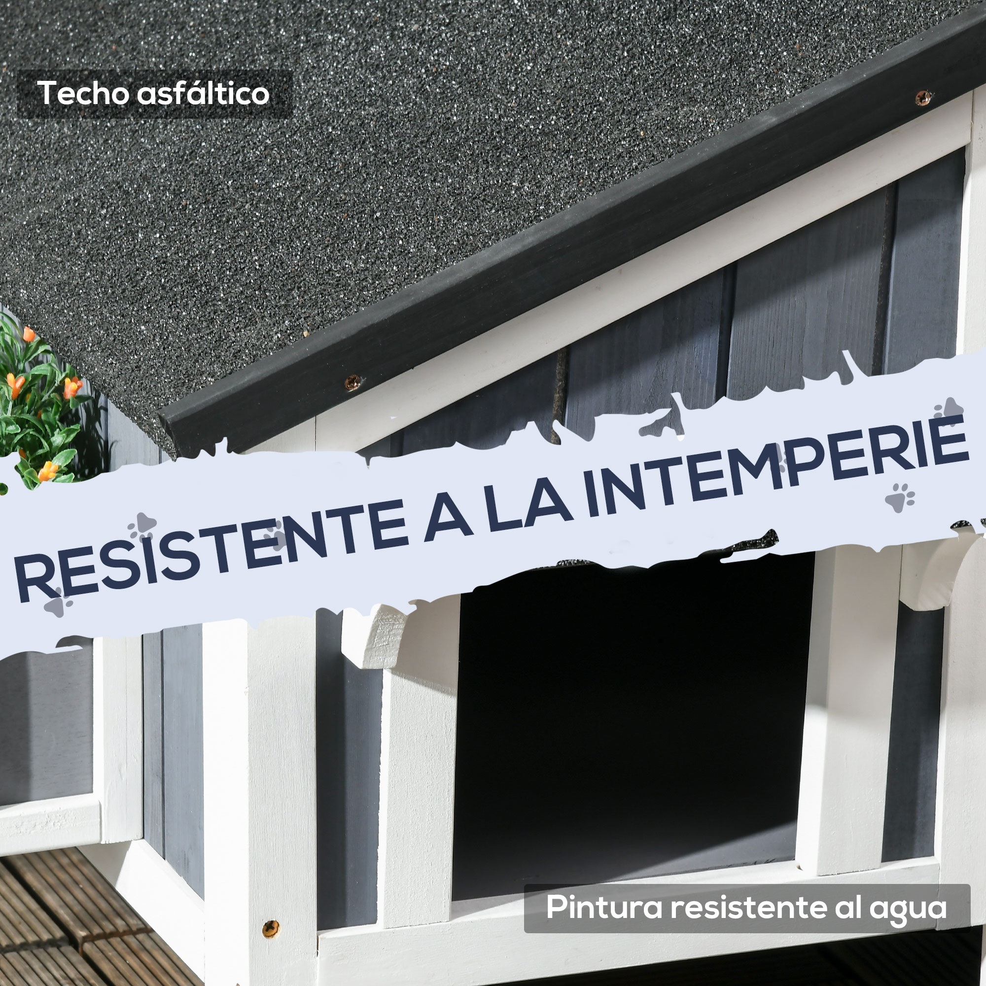 Casa para perros con techo asfáltico. Marco de madera blanco y gris. Texto: 'Resistente a la intemperie' y 'Pintura resistente al agua'.