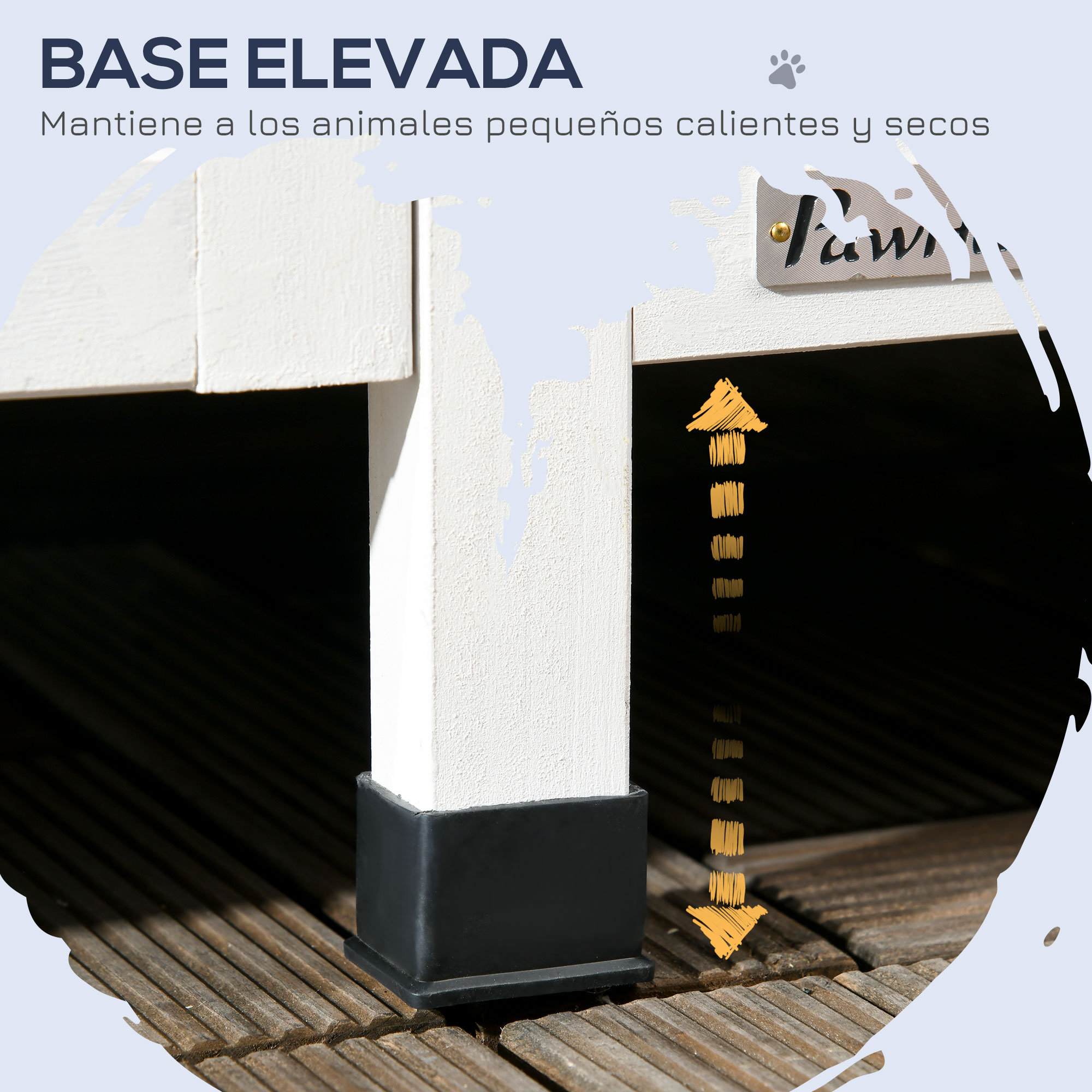 Imagen muestra estructura blanca con base negra. Texto arriba dice 'BASE ELEVADA'. Flechas indican altura.