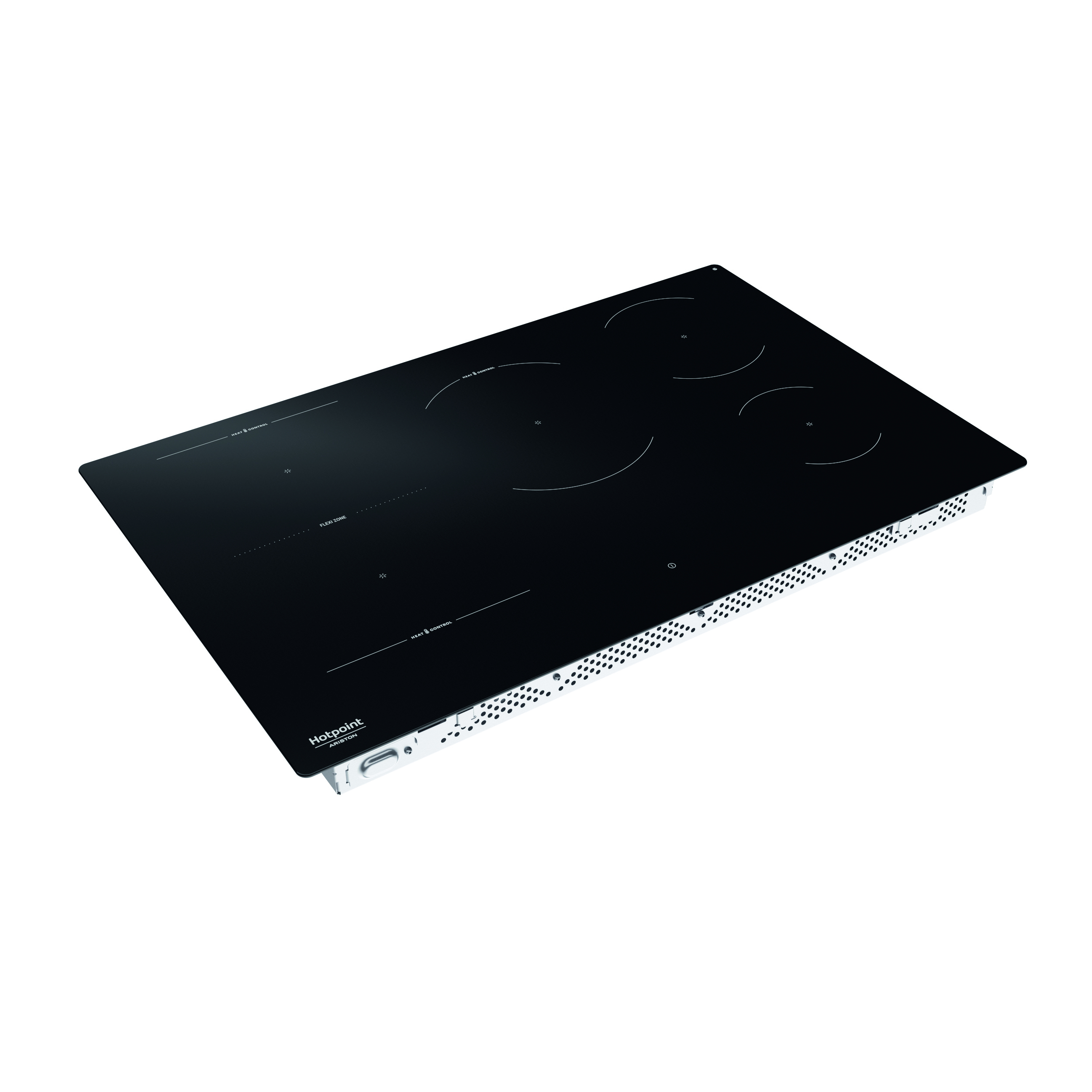 Un piano cottura a induzione Hotpoint nero con quattro zone cottura. È isolato su sfondo bianco.