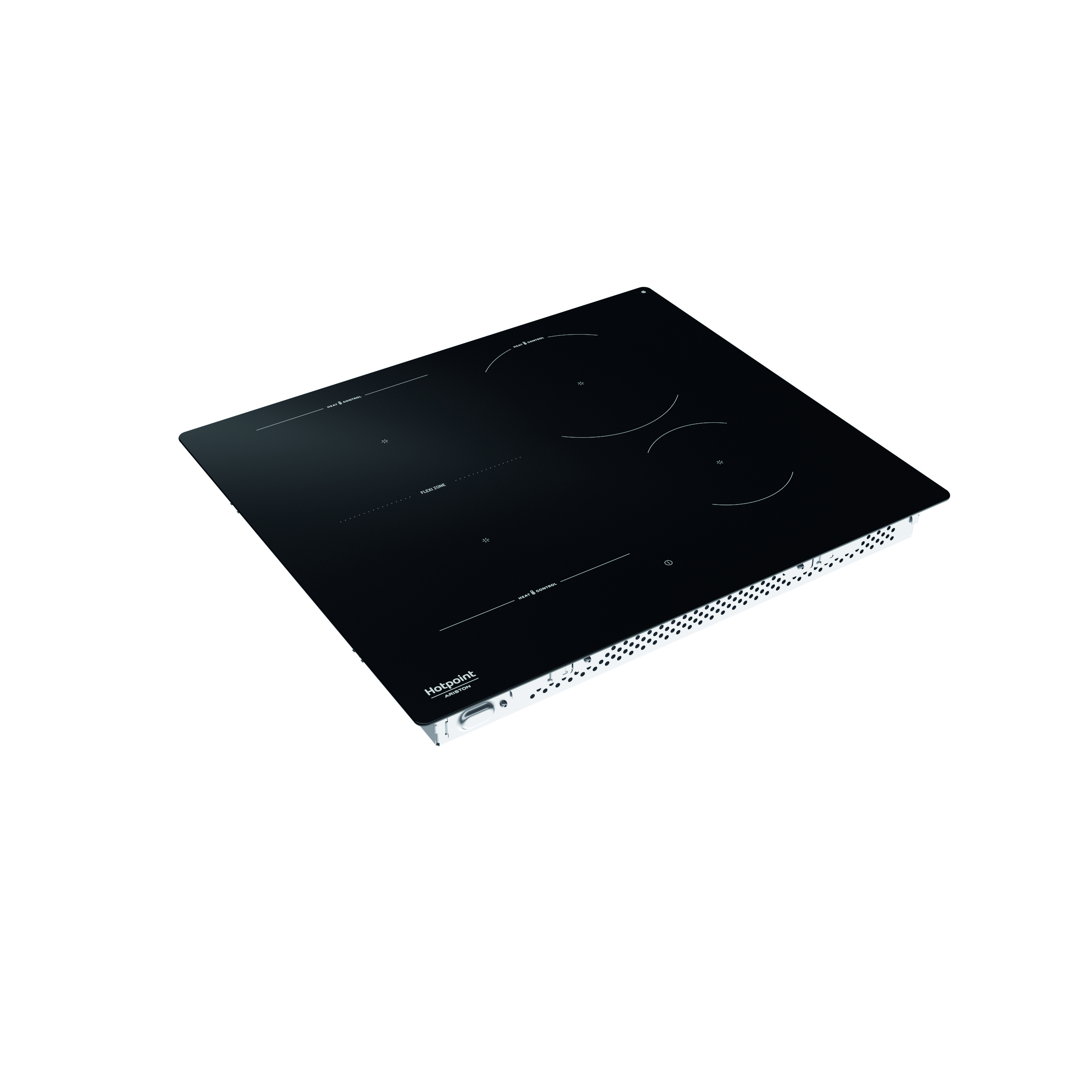 Un piano cottura a induzione nero Hotpoint su sfondo bianco. Ha quattro zone cottura ed è visibile il logo del marchio.