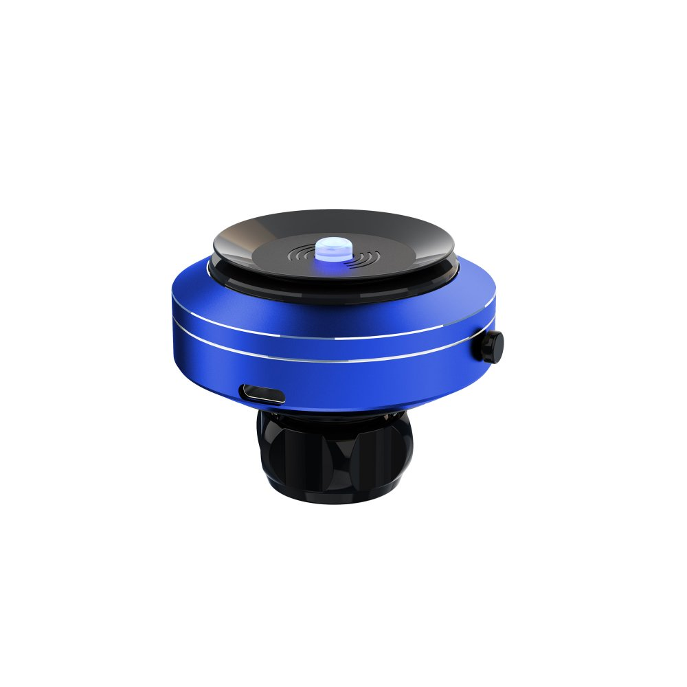Un dispositivo blu e nero. Ha una parte superiore rotonda e un corpo blu circolare. Una base nera sostiene il corpo e una luce è in cima.