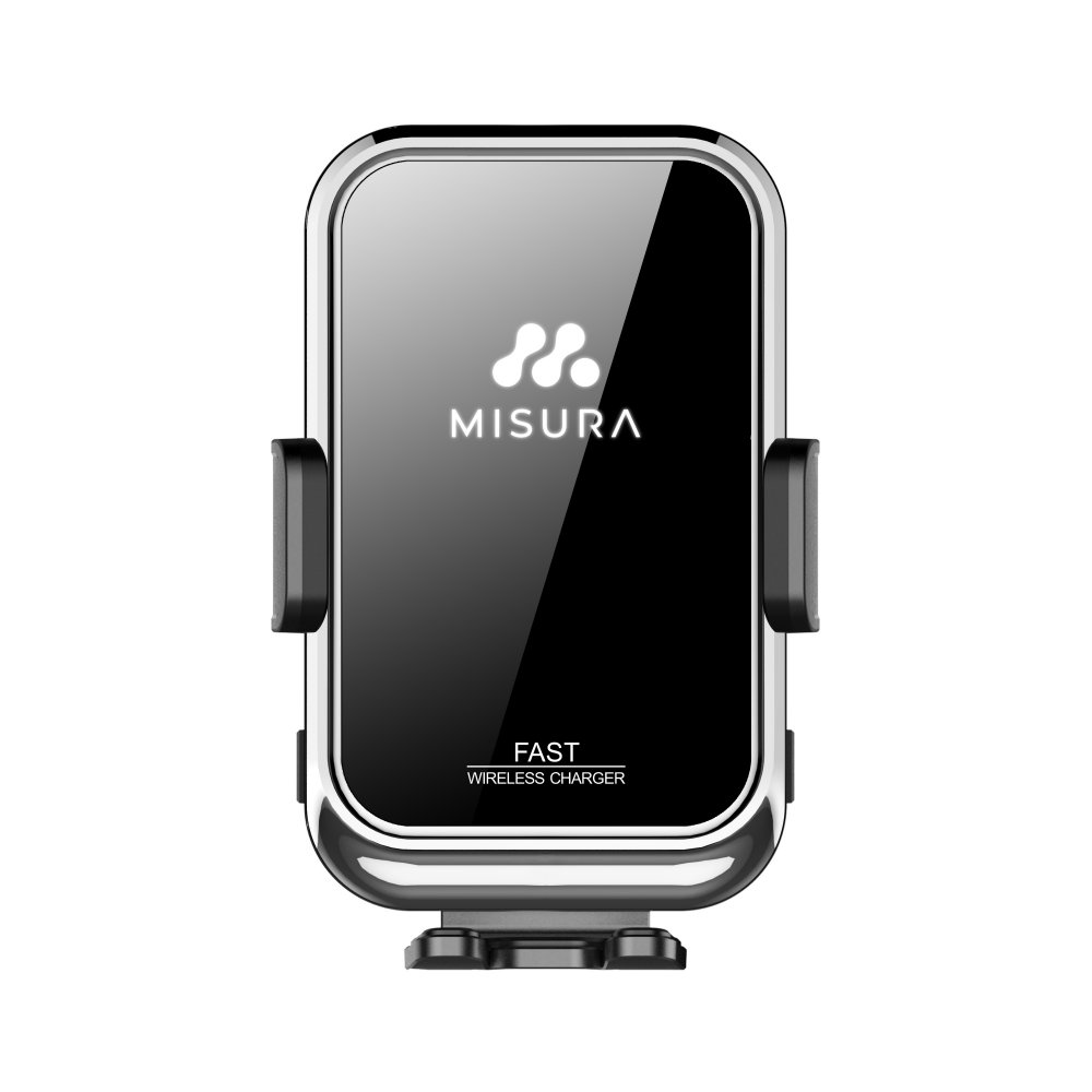 Un caricatore wireless nero con il logo MISURA e la scritta "FAST WIRELESS CHARGER" è visualizzato su sfondo bianco.