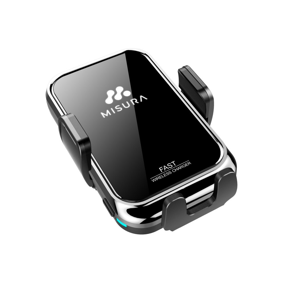 Un caricabatterie wireless Misura nero e argento. Ha una superficie lucida e la scritta "FAST WIRELESS CHARGER" è stampata sopra.