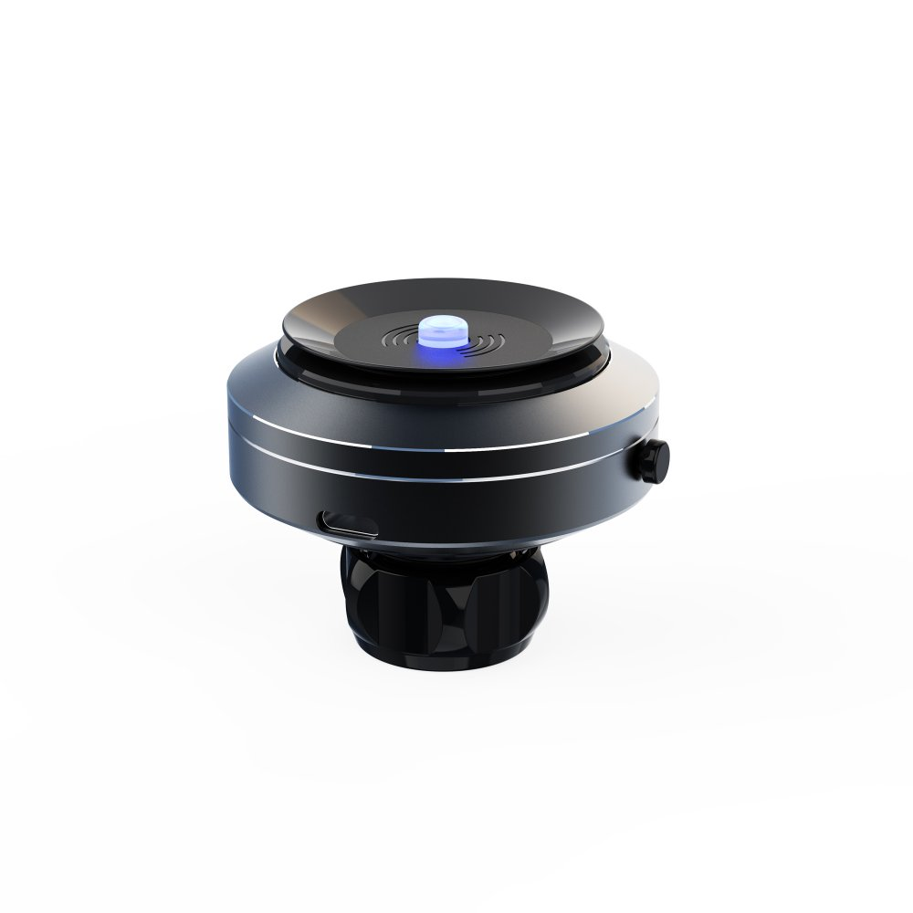 Un dispositivo elettronico nero e argento con una parte superiore circolare e una luce blu. Ha un corpo cilindrico e una base arrotondata.