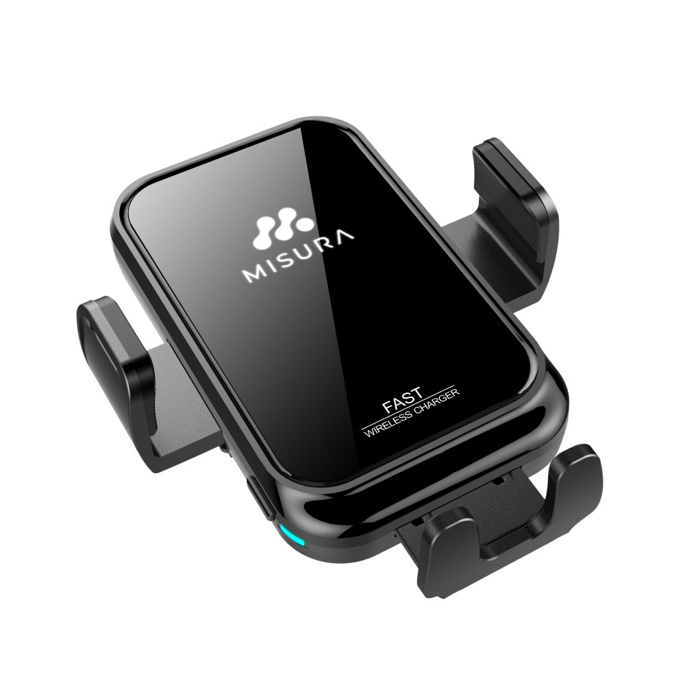 Caricabatterie wireless nero con il marchio MISURA. Ha un logo di ricarica wireless veloce e una luce blu. Il caricabatterie è su sfondo bianco.
