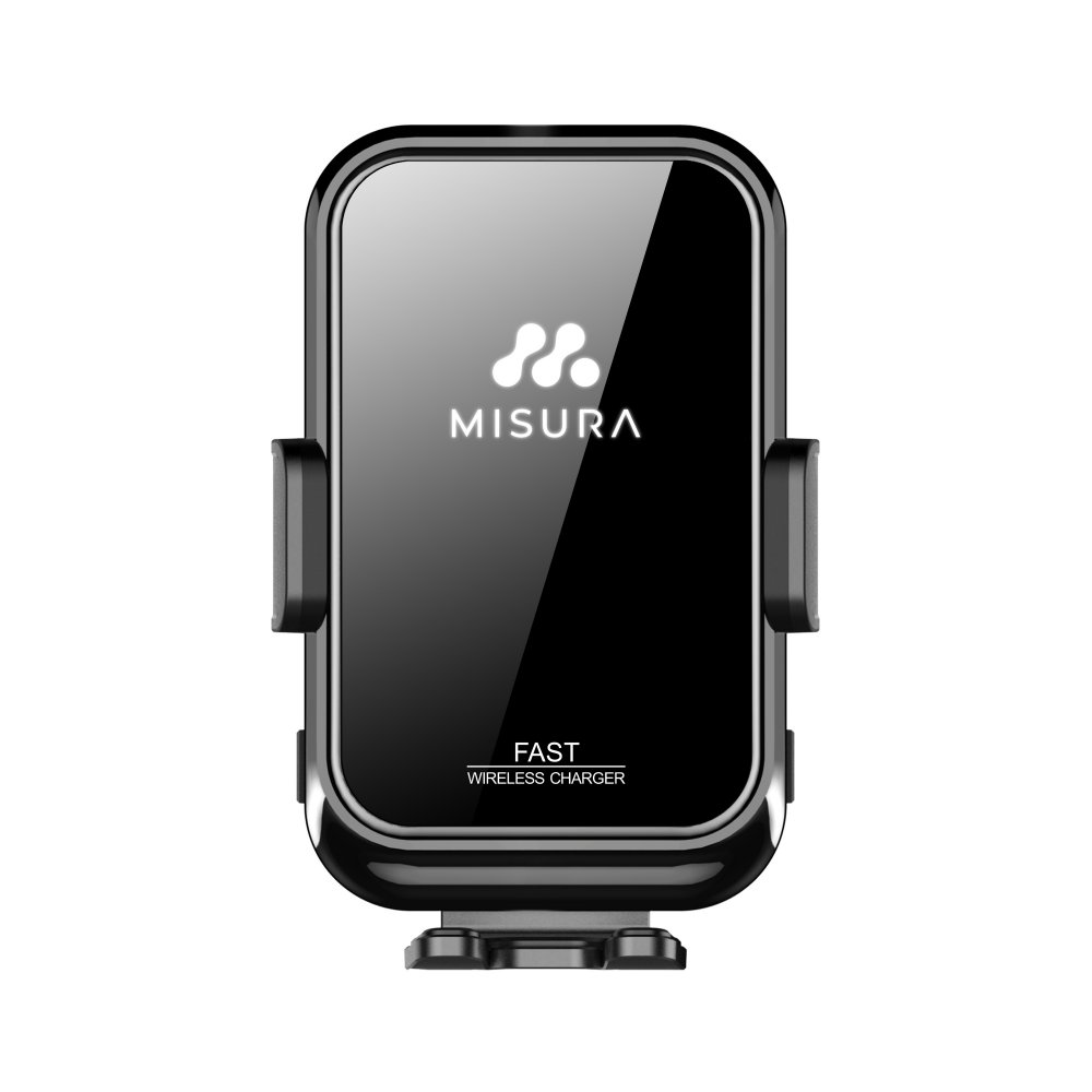 Un caricabatterie wireless nero con il marchio MISURA. C'è scritto CARICABATTERIE WIRELESS VELOCE.