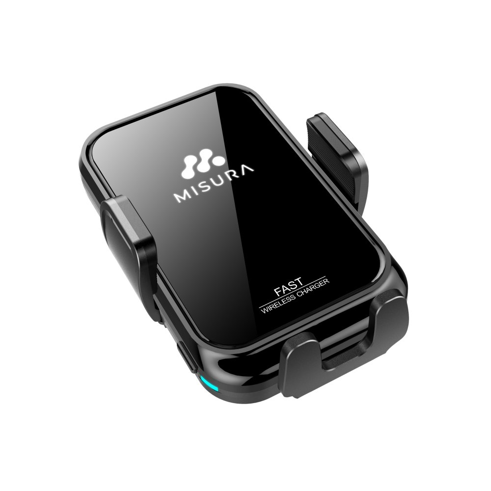Un caricatore wireless nero con 'MISURA' sopra. Ha un testo 'FAST WIRELESS CHARGER'. Ha una luce blu chiaro. È su sfondo bianco.