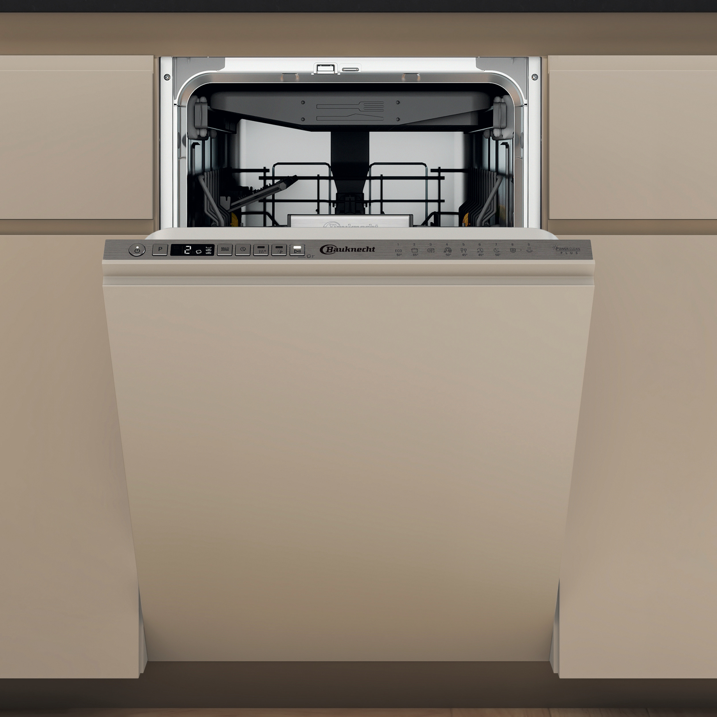 Ein Bauknecht-Geschirrspüler mit offener Tür. Er ist in einen Küchenschrank eingebaut. Das Display ist eingeschaltet und zeigt die Waschzeit an.