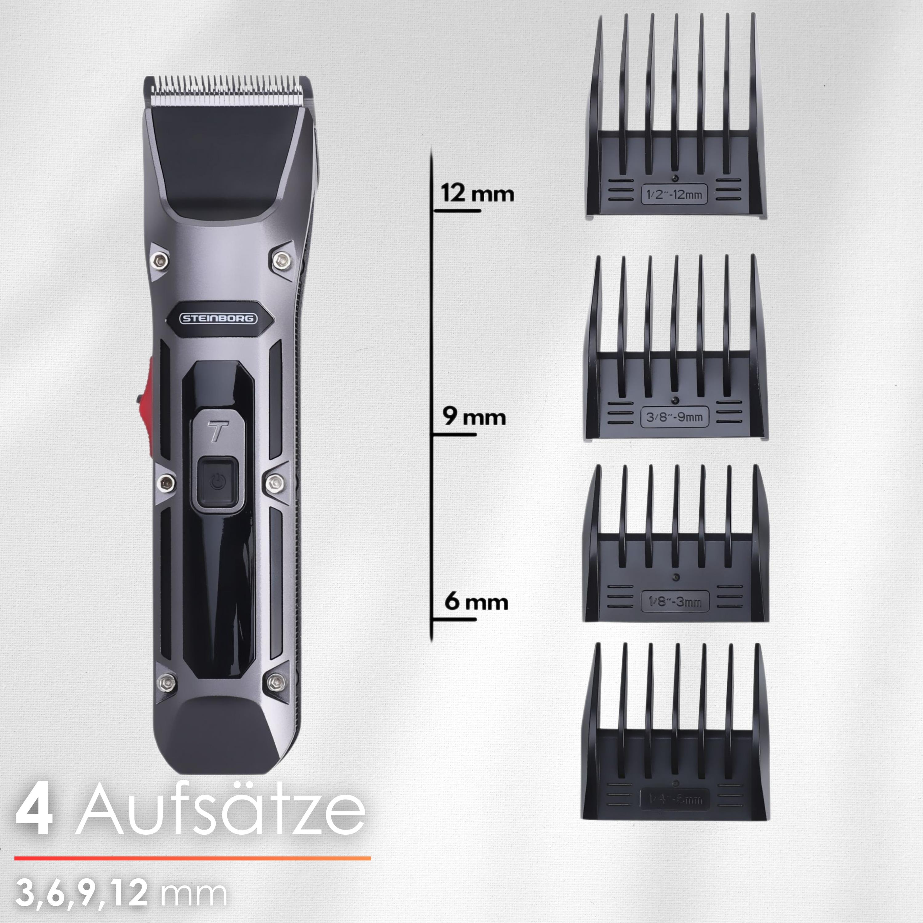 Elektrischer Haarschneider mit vier Aufsätzen, die Schnittlängen zeigen. Der Clipper ist grau und schwarz.