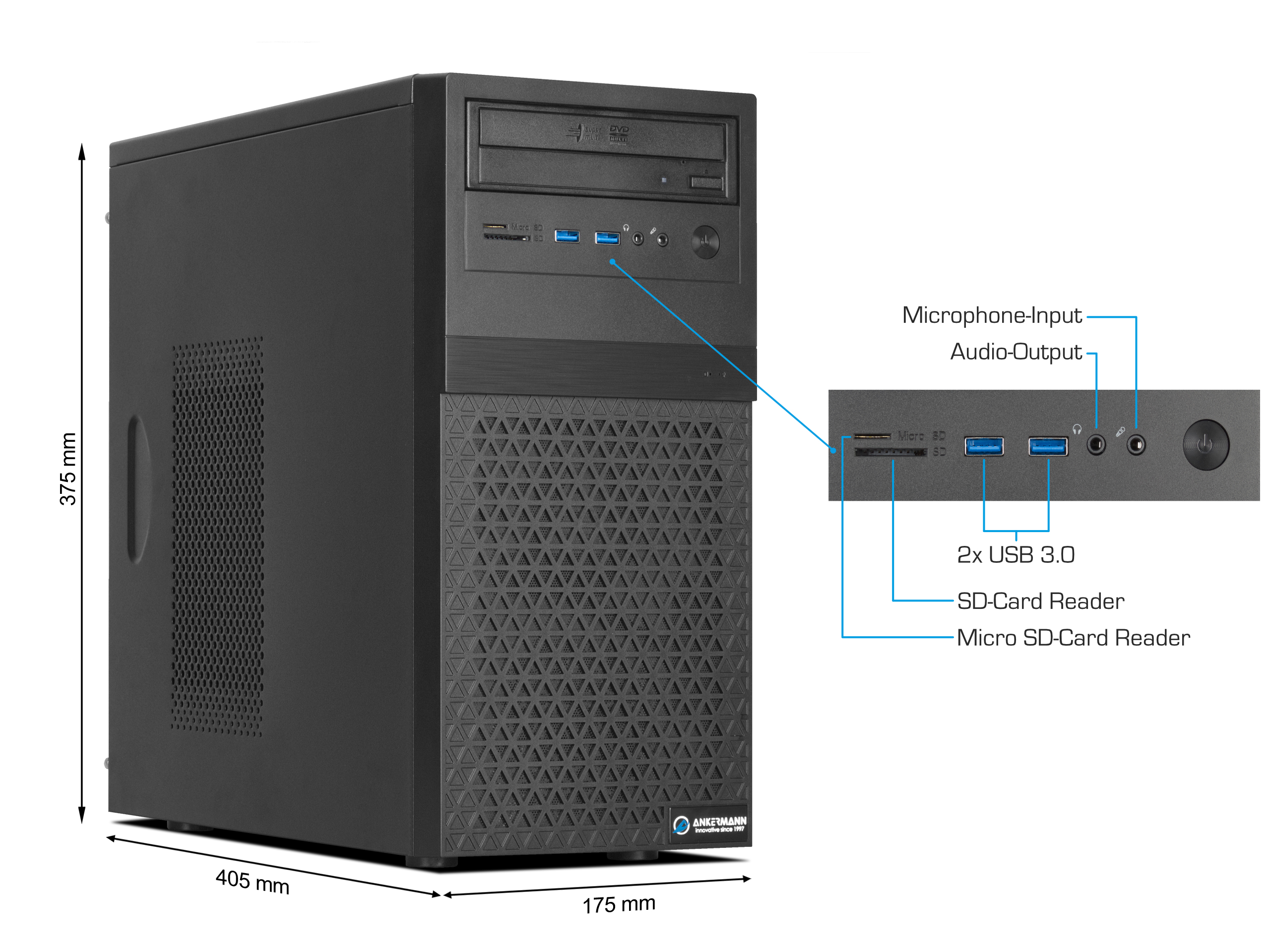 Ein schwarzer Computertower mit beschrifteten Abmessungen. Zu den Merkmalen gehören ein DVD-Laufwerk, USB-Anschlüsse und Kartenleser.