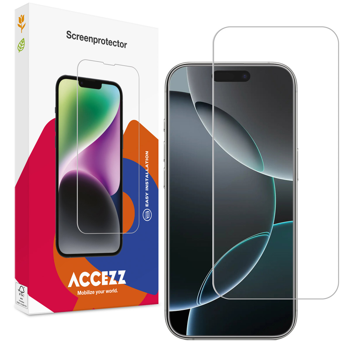 Une boîte de protection d'écran, avec un téléphone et un protecteur. Le téléphone est noir avec un écran incurvé. Le protecteur est transparent.