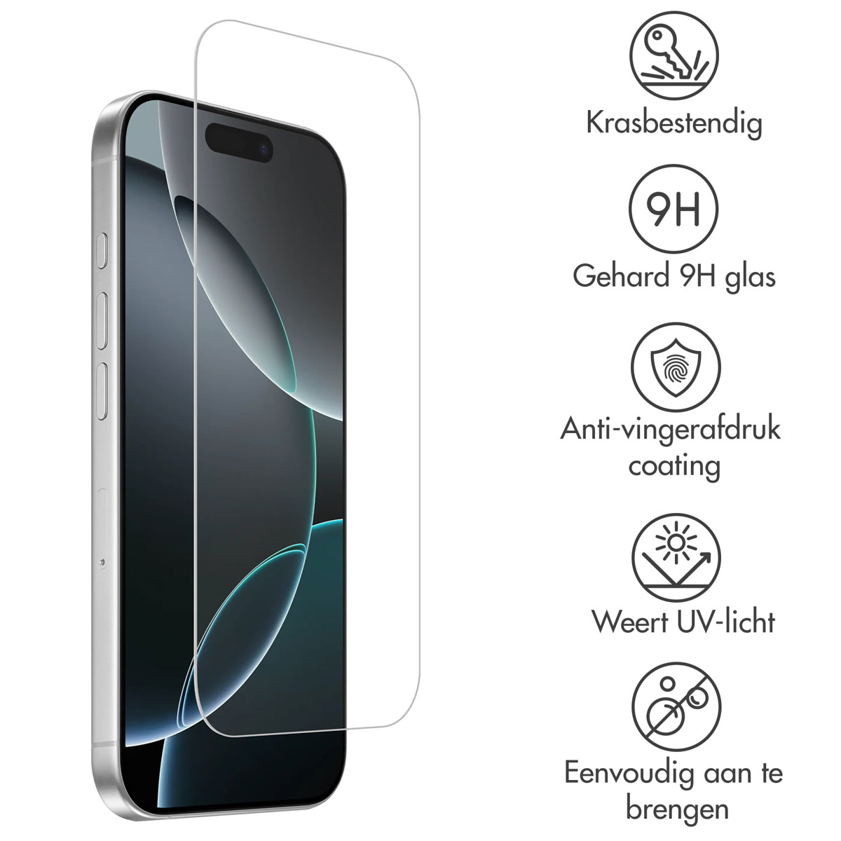 Un téléphone avec un protecteur d'écran, avec des étiquettes de texte indiquant la résistance aux rayures, le verre 9H, le revêtement anti-traces et la protection UV.