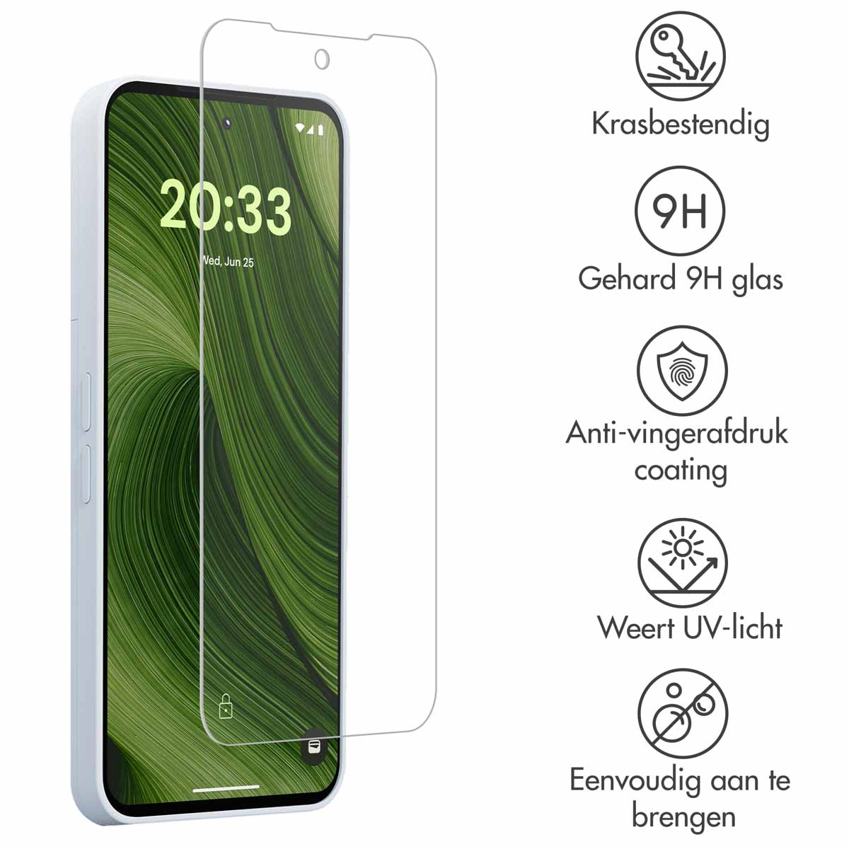 Smartphone met schermbeschermer overlay. Het scherm toont de tijd. Pictogrammen geven functies aan zoals krasbestendigheid en UV-bescherming.