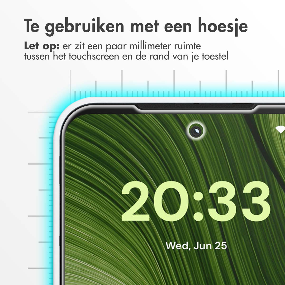 Een telefoonscherm toont 20:33 op woensdag 25 juni. De achtergrond is groen met lijnen. De telefoon zit in een witte hoes.