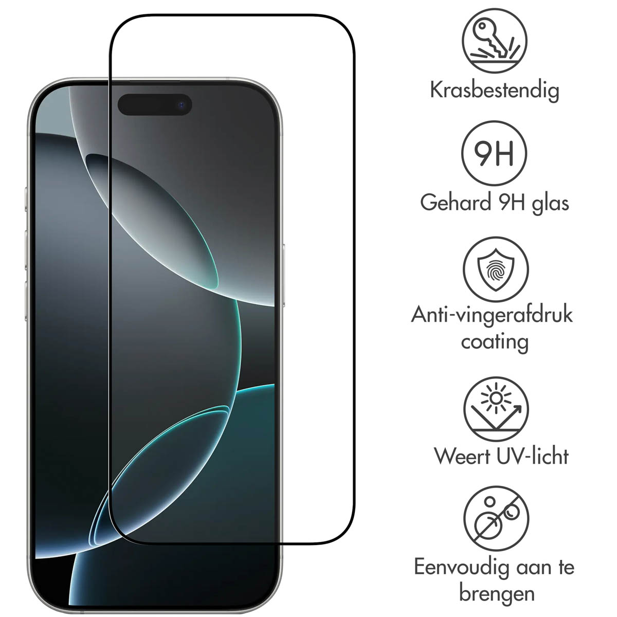 A phone screen protector with a phone outline, icons indicating scratch resistance, 9H glass, anti-fingerprint coating, UV light protection, and easy application.