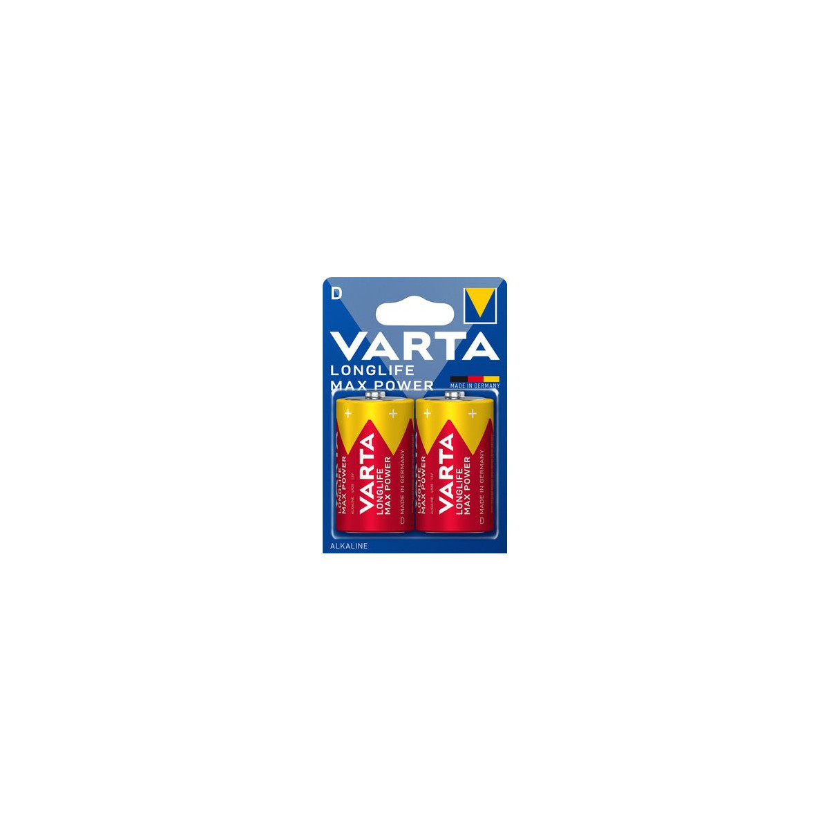 Due batterie Varta Longlife Max Power D in una confezione. Colore rosso e giallo, con sfondo bianco. Pile alcaline.