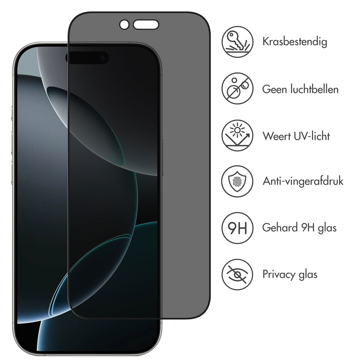A smartphone with a screen protector. The protector is dark gray and has icons indicating features like scratch resistance and privacy.