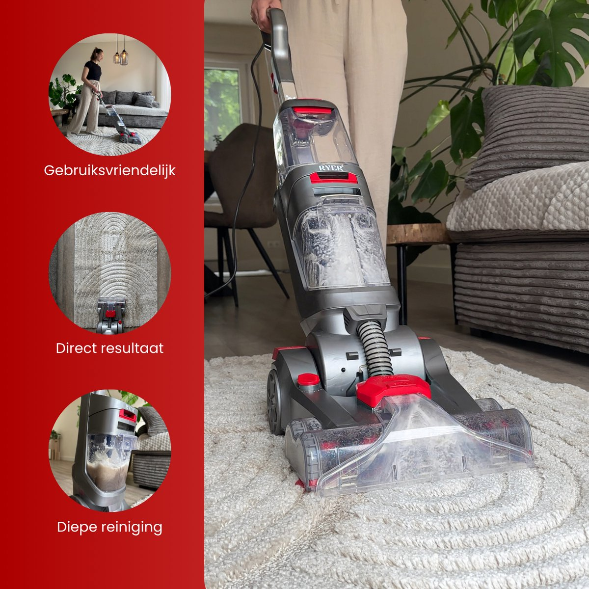 A person using a gray and red carpet cleaner on a white rug. Insets show the machine's features and cleaning results.