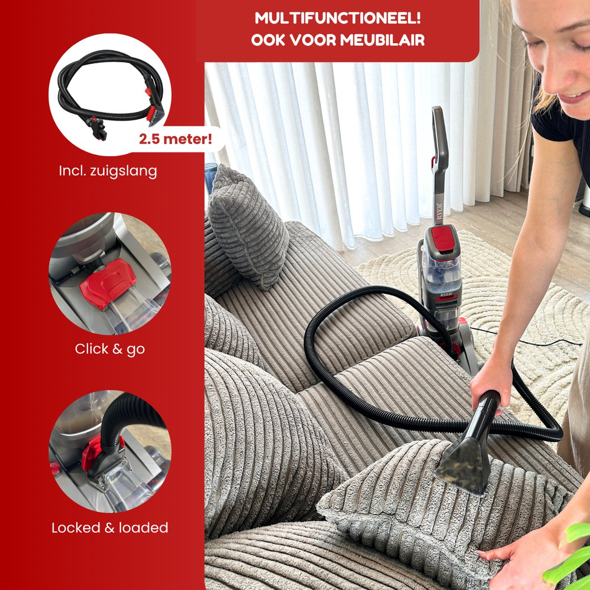 A woman vacuums a gray couch with a black hose and a RYER vacuum cleaner. Text and pictures show the vacuum's features.