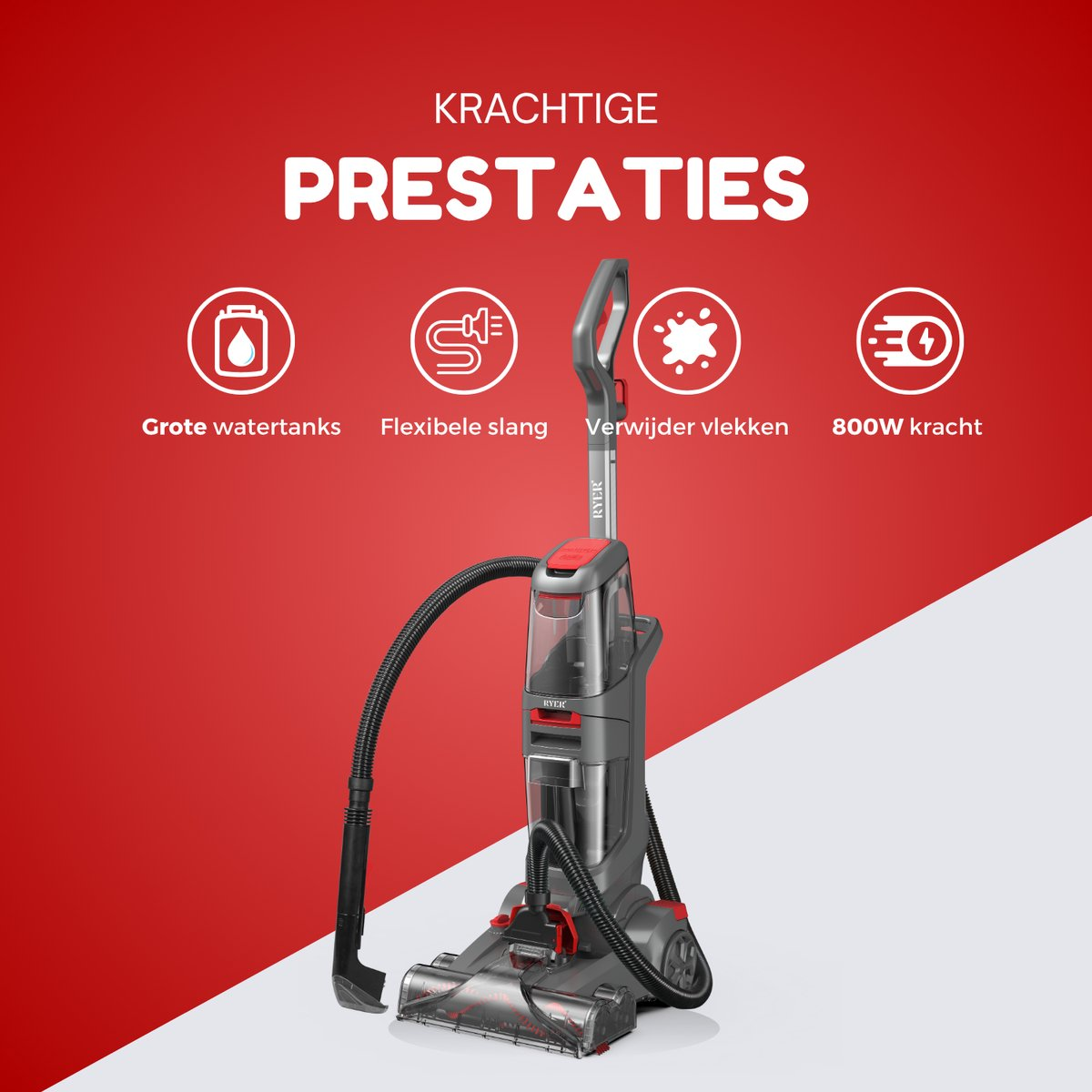 A gray and red vacuum cleaner on a red and white background. Text: Powerful performance, large water tanks, flexible hose, removes stains, 800W power.