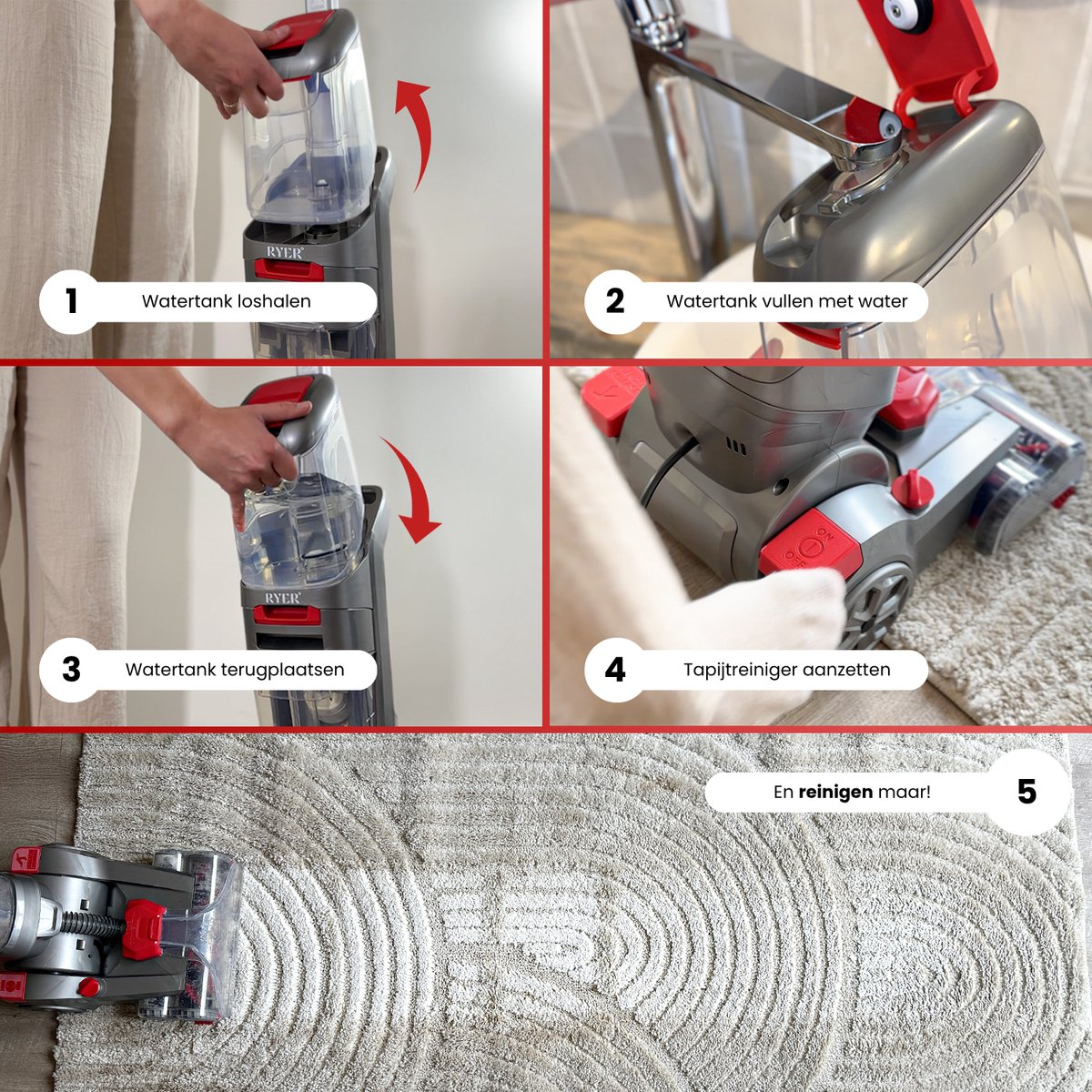 Steps for using a carpet cleaner: removing the water tank, filling it, replacing it, turning it on, and cleaning the carpet.
