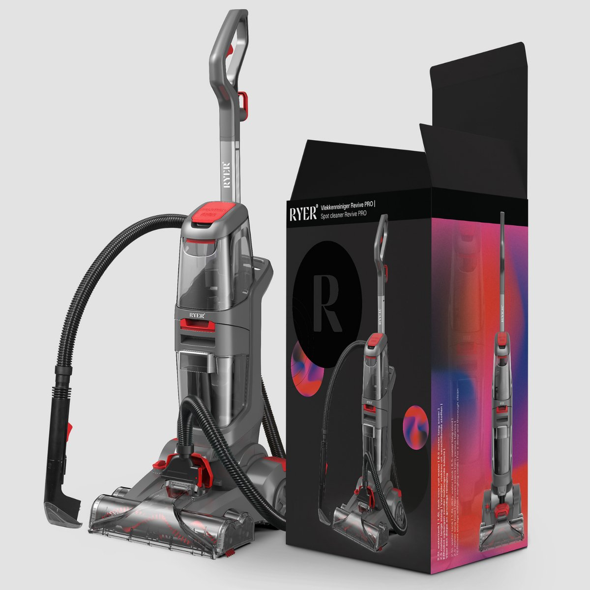 A gray and red carpet cleaner with a hose is next to its product box. The box features the cleaner and product details.