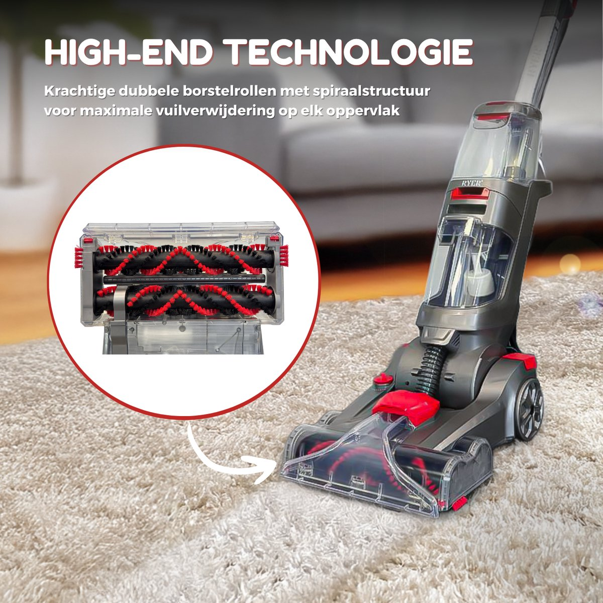 A vacuum cleaner on a carpet. Inset shows the brush rollers. Text says "High-end Technologie".