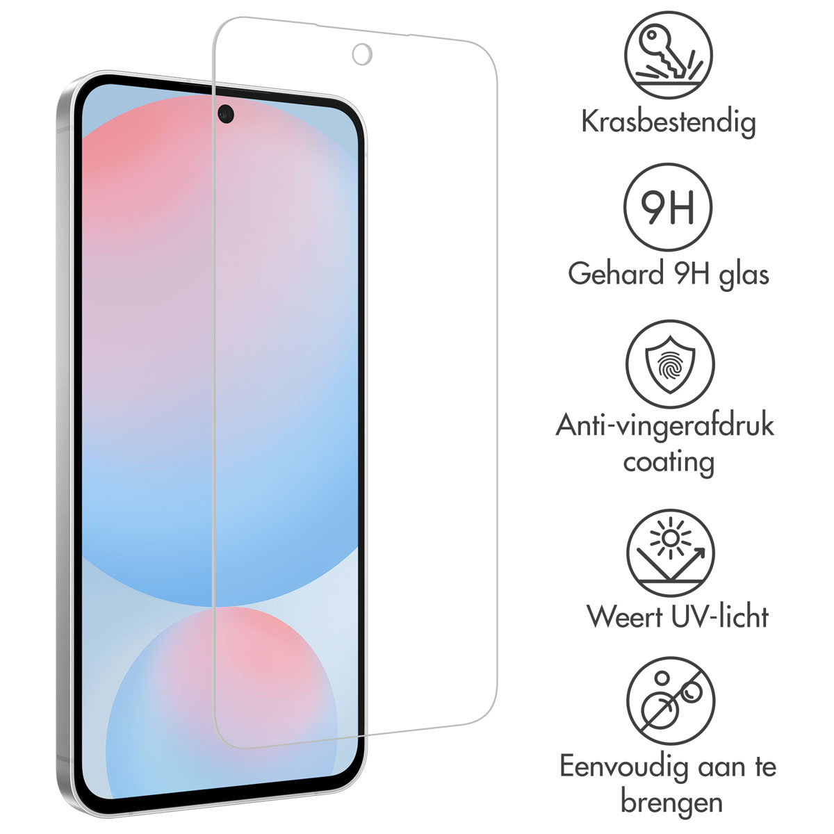 Een smartphone met een schermbeschermer. Kenmerken zijn krasbestendigheid, 9H glas, anti-vingerafdruk coating, UV-bescherming en eenvoudige applicatie.