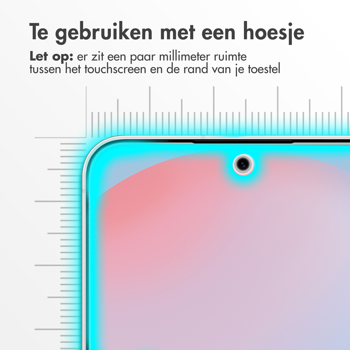 Afbeelding toont telefoonscherm met tekst. Er staat dat je het met een hoesje moet gebruiken en noteert de ruimte tussen het scherm en de rand van het apparaat.